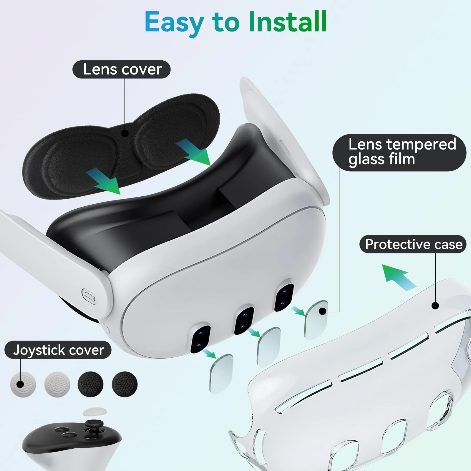 Protective Case for Meta Quest 3,VR Accessories for Meta Quest 3,Replacement kit for Meta Quest 3,Include Impact Resistant Cover Lens Cover Lens Tempered Glass Protector Joystick Caps - Image 3