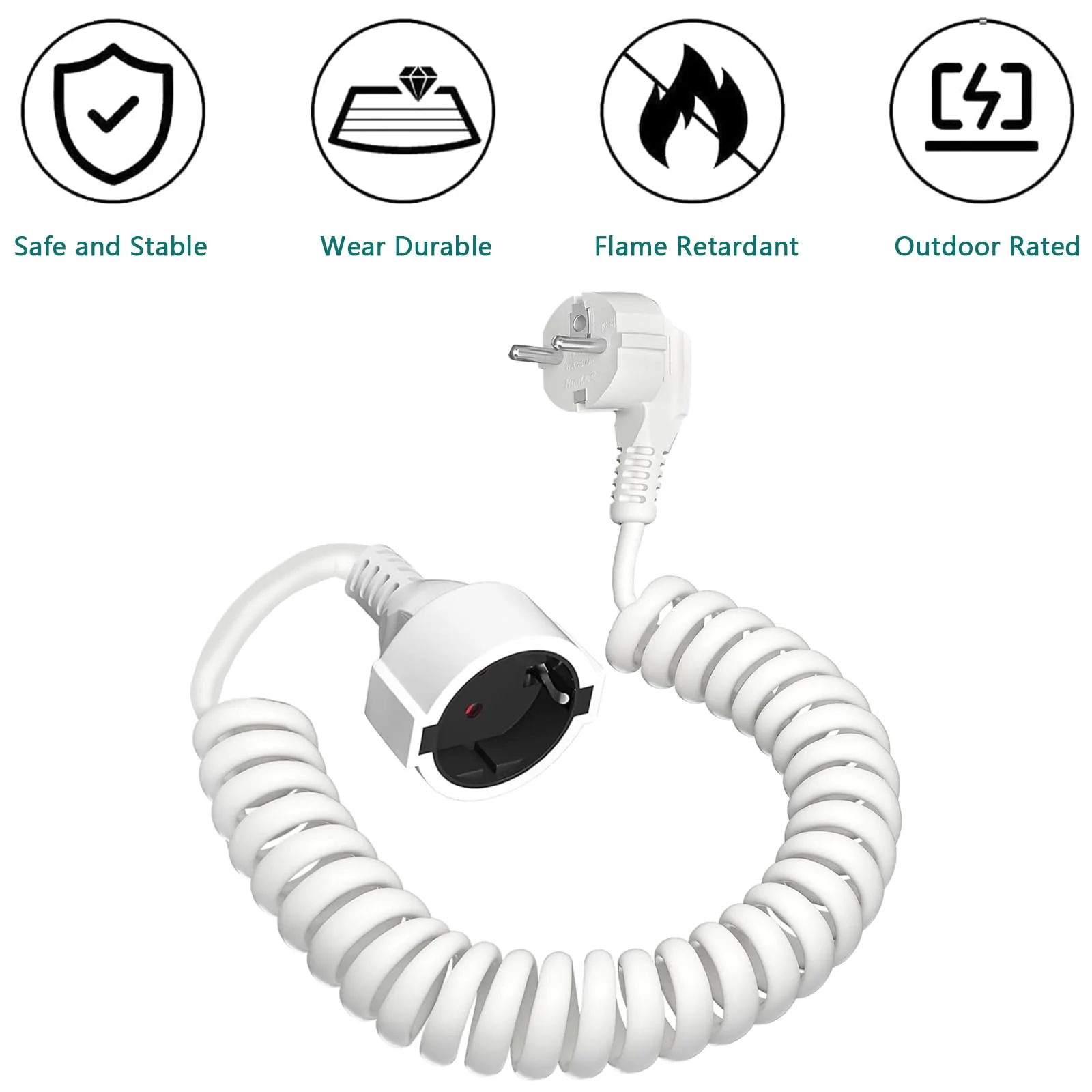 Protective Contact Extension, Spiral Extension Stretchable from 0.58 m to 2 m Max, IP20 Extension Cable, Extension (230 V/16 A), Spiral Cable with Schuko Plug and Coupling, White - Image 4