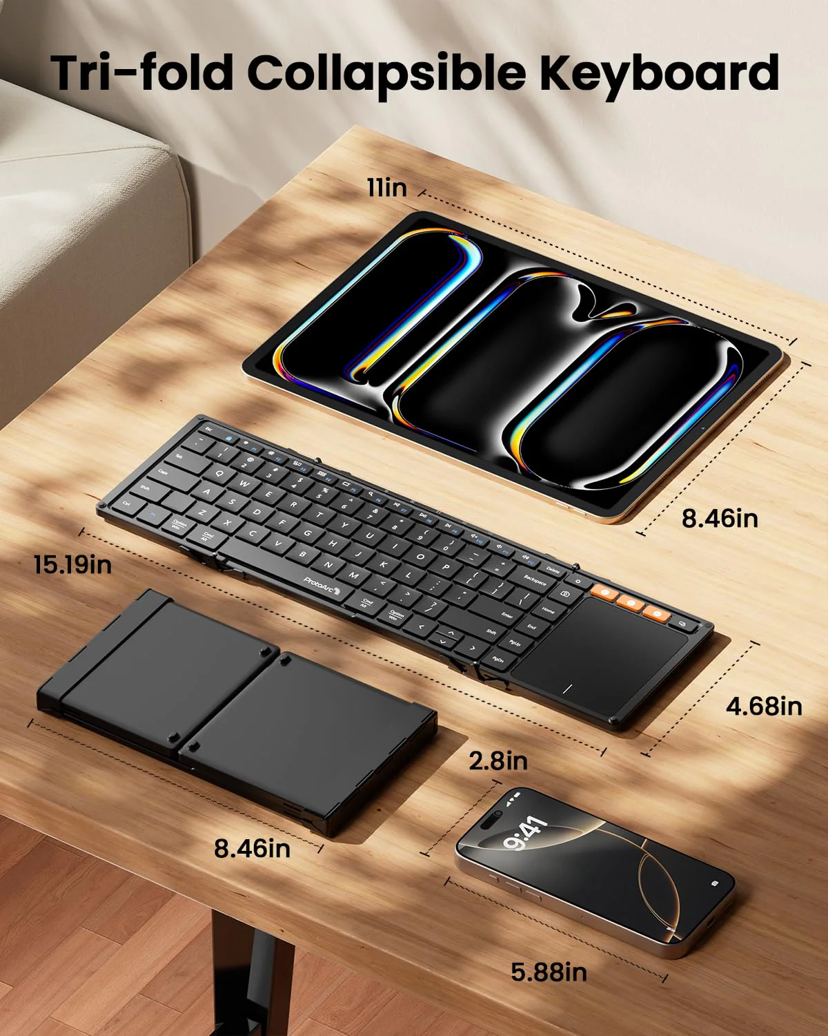 ProtoArc Foldable Keyboard with Touchpad, XK01 TP Folding Portable Keyboard, Full Size Keys, Large Trackpad Bluetooth Travel Keyboard for iPad, iPhone, Laptop PC Tablets -Black Black - Image 3