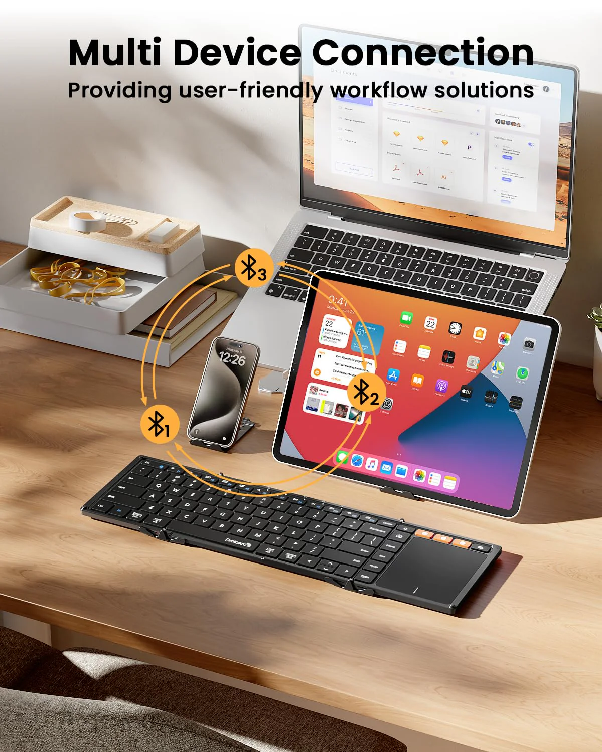 ProtoArc Foldable Keyboard with Touchpad, XK01 TP Folding Portable Keyboard, Full Size Keys, Large Trackpad Bluetooth Travel Keyboard for iPad, iPhone, Laptop PC Tablets -Black Black - Image 6