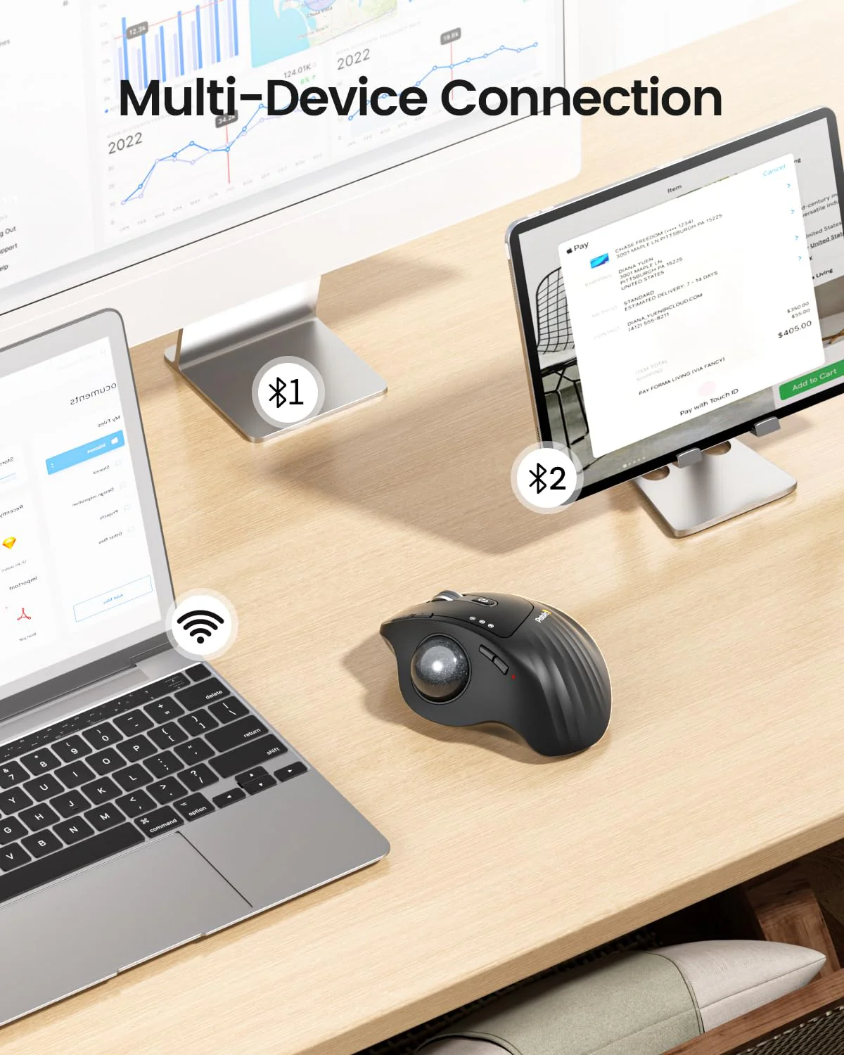 ProtoArc Wireless Trackball Mouse, EM01 NL Ergonomic Bluetooth Rollerball Thumb Mouse Rechargeable Computer Laptop Mouse, Adjustable Angle & 3 Device Connection for PC, Mac, Windows-Gray Ball Gray Ball - Image 4
