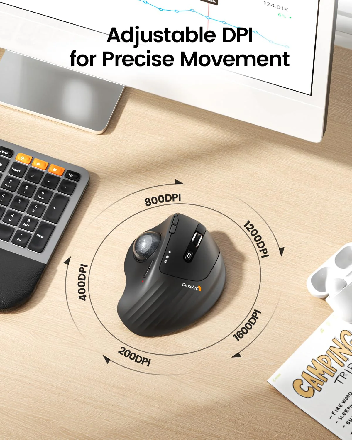 ProtoArc Wireless Trackball Mouse, EM01 NL Ergonomic Bluetooth Rollerball Thumb Mouse Rechargeable Computer Laptop Mouse, Adjustable Angle & 3 Device Connection for PC, Mac, Windows-Gray Ball Gray Ball - Image 5