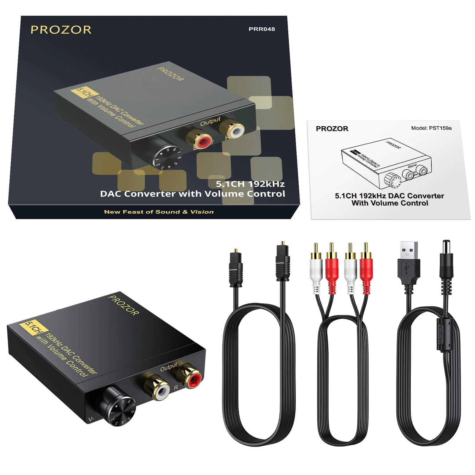 PROZOR 192Khz DAC Converter with Volume Control, Digital to Analog Audio Converter with RCA Cable Support 5.1CH DTS Dolly AC3 Coaxial SPDIF Toslink to RCA Converter for HDTV DVD PS3 Home Cinema System - Image 7