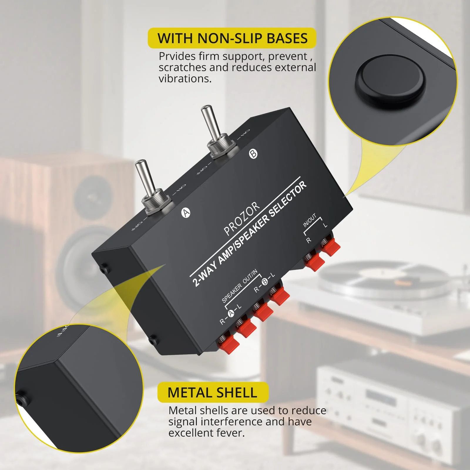 PROZOR 2-Zone Speaker Switch Box, 2-Way Amp/Speaker Selector with Independent A/B Control, Passive Stereo Switcher for Amplifier and Receiver, 150W RMS per Channel, Support 4–16Ω Speakers Spring Clip 2 Zone - Image 7