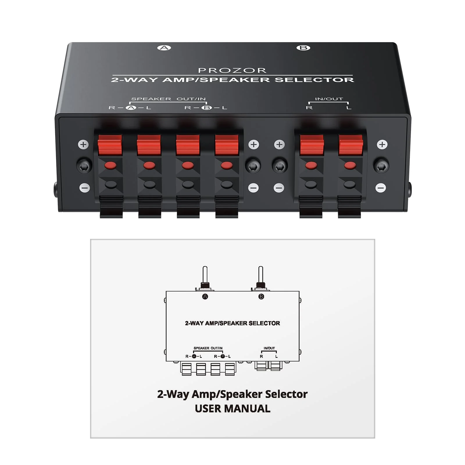 PROZOR 2-Zone Speaker Switch Box, 2-Way Amp/Speaker Selector with Independent A/B Control, Passive Stereo Switcher for Amplifier and Receiver, 150W RMS per Channel, Support 4–16Ω Speakers Spring Clip 2 Zone - Image 9