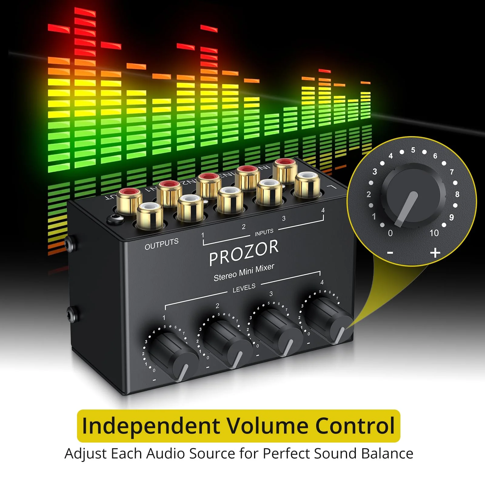 PROZOR 4-Channel Stereo Audio Mixer, RCA Input with Independent Volume Controls, Metal Housing, Ultra Low Noise, for TV/PC Mixing, Home Studios, DJ Performances – No Power Required, Plug and Play - Image 3