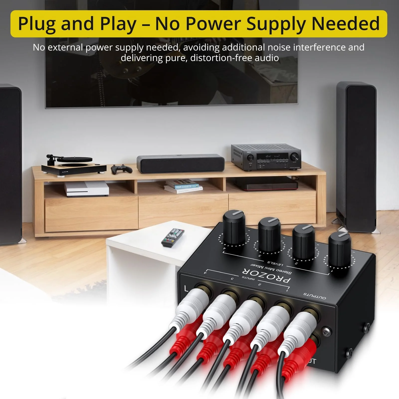 PROZOR 4-Channel Stereo Audio Mixer, RCA Input with Independent Volume Controls, Metal Housing, Ultra Low Noise, for TV/PC Mixing, Home Studios, DJ Performances – No Power Required, Plug and Play - Image 4