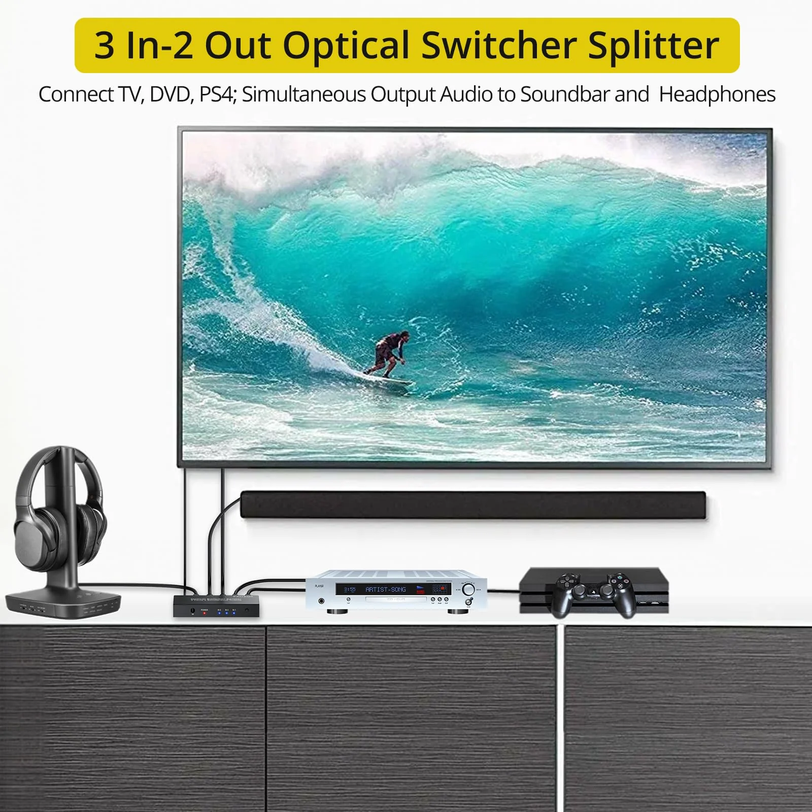 PROZOR Digital Audio Switcher Splitter - 3 in 2 Out 3 Port Spdif Toslink Optical Switch with Remote Control, Aluminum Alloy Material 2 Way Digital Audio Splitter Support LPCM 2.0 DTS Dolby-AC3 - Image 4