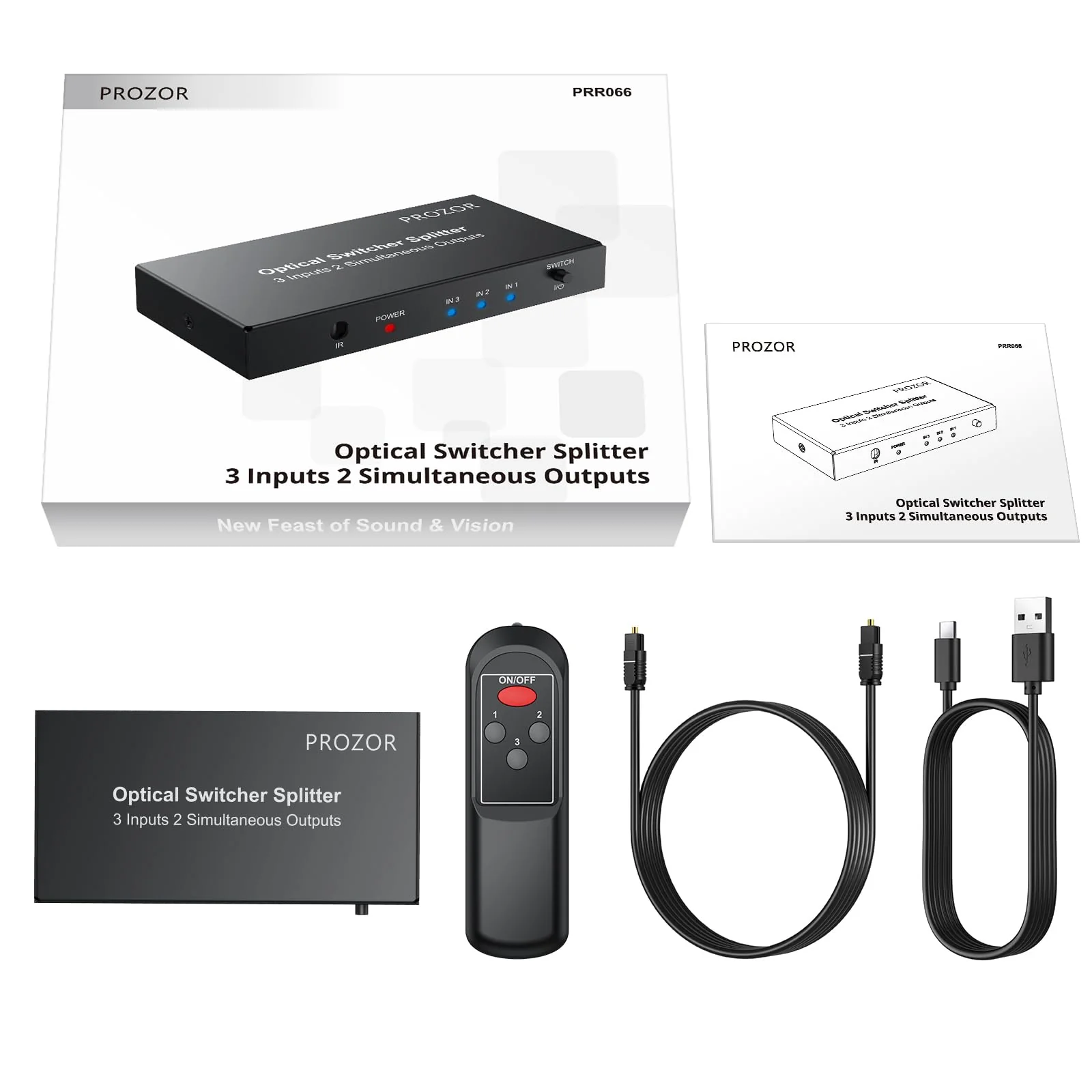 PROZOR Digital Audio Switcher Splitter - 3 in 2 Out 3 Port Spdif Toslink Optical Switch with Remote Control, Aluminum Alloy Material 2 Way Digital Audio Splitter Support LPCM 2.0 DTS Dolby-AC3 - Image 7