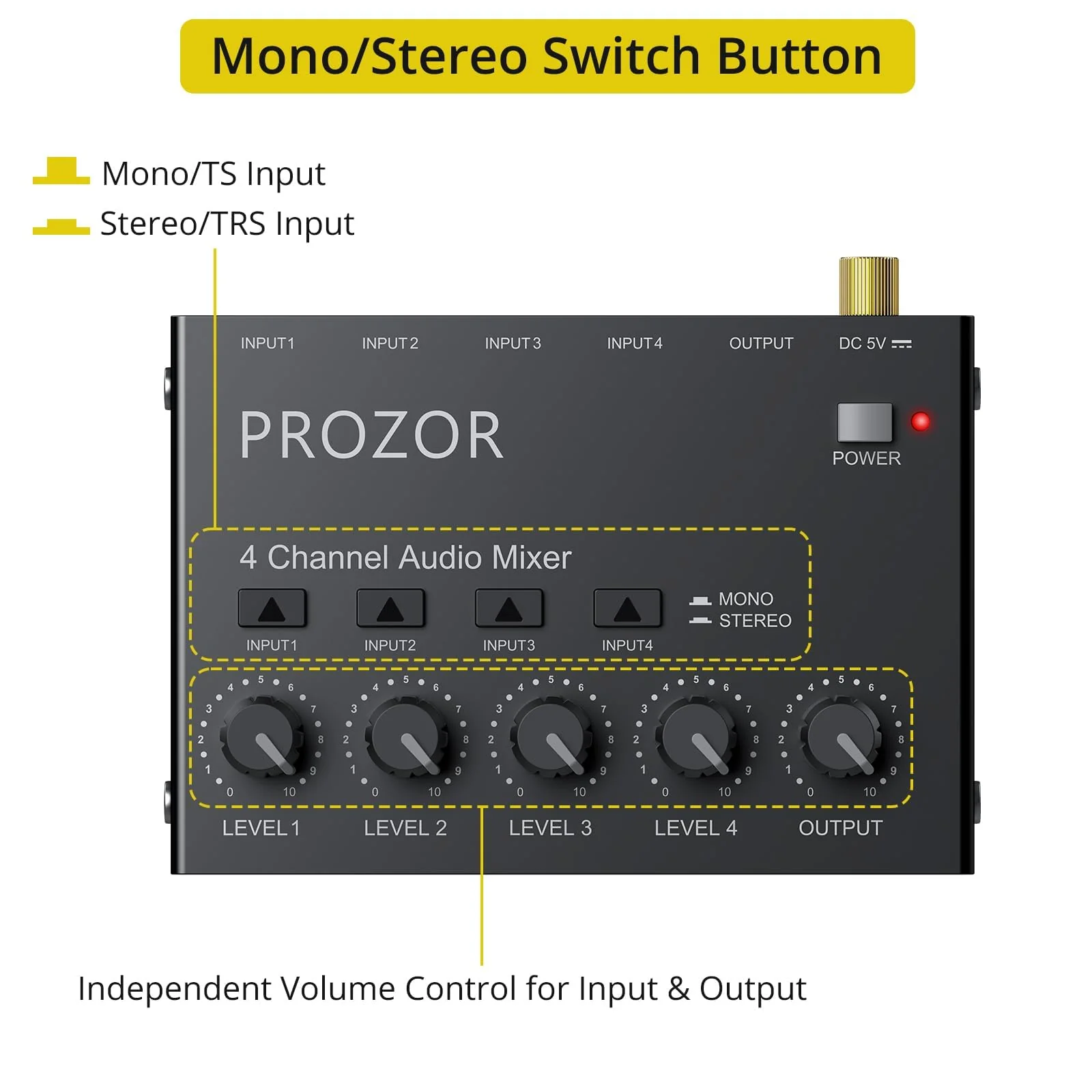 PROZOR Mini Audio Mixer 4 Channel Line Mixer - USB-C Powered Sub Mixer with Volume Control & Stereo Mono Switch, Compact Low Noise Audio Mixer for Guitar, Bass, Keyboard, Recording, Streaming - Image 3