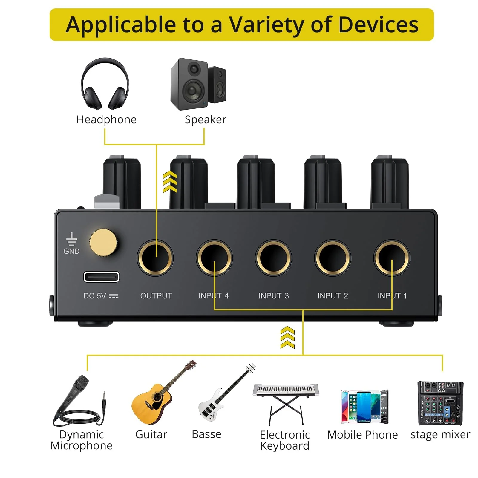PROZOR Mini Audio Mixer 4 Channel Line Mixer - USB-C Powered Sub Mixer with Volume Control & Stereo Mono Switch, Compact Low Noise Audio Mixer for Guitar, Bass, Keyboard, Recording, Streaming - Image 4