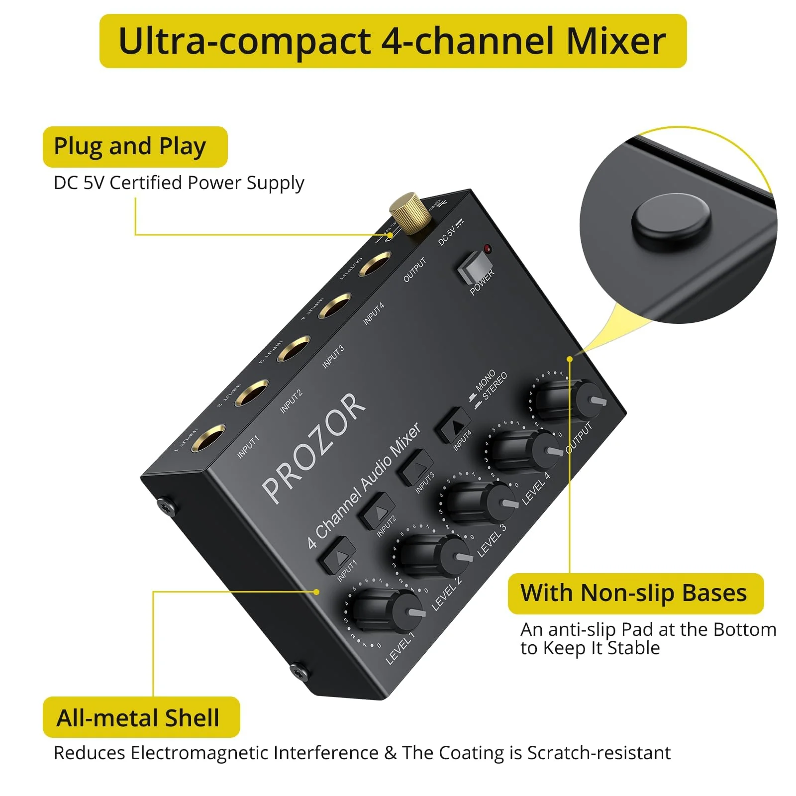 PROZOR Mini Audio Mixer 4 Channel Line Mixer - USB-C Powered Sub Mixer with Volume Control & Stereo Mono Switch, Compact Low Noise Audio Mixer for Guitar, Bass, Keyboard, Recording, Streaming - Image 6