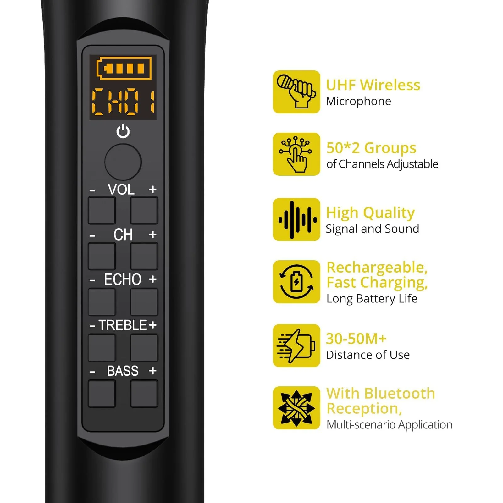 PROZOR UHF Wireless Microphone with Volume Treble Bass Echo Control, Wireless Rechargeable Mic Dual Handheld Dynamic Mic System with Rechargeable Receiver, for Karaoke Machines, DJ, Church, Weddings Rechargeable Portable Bluetooth UHF Mic – Echo Control - Image 2