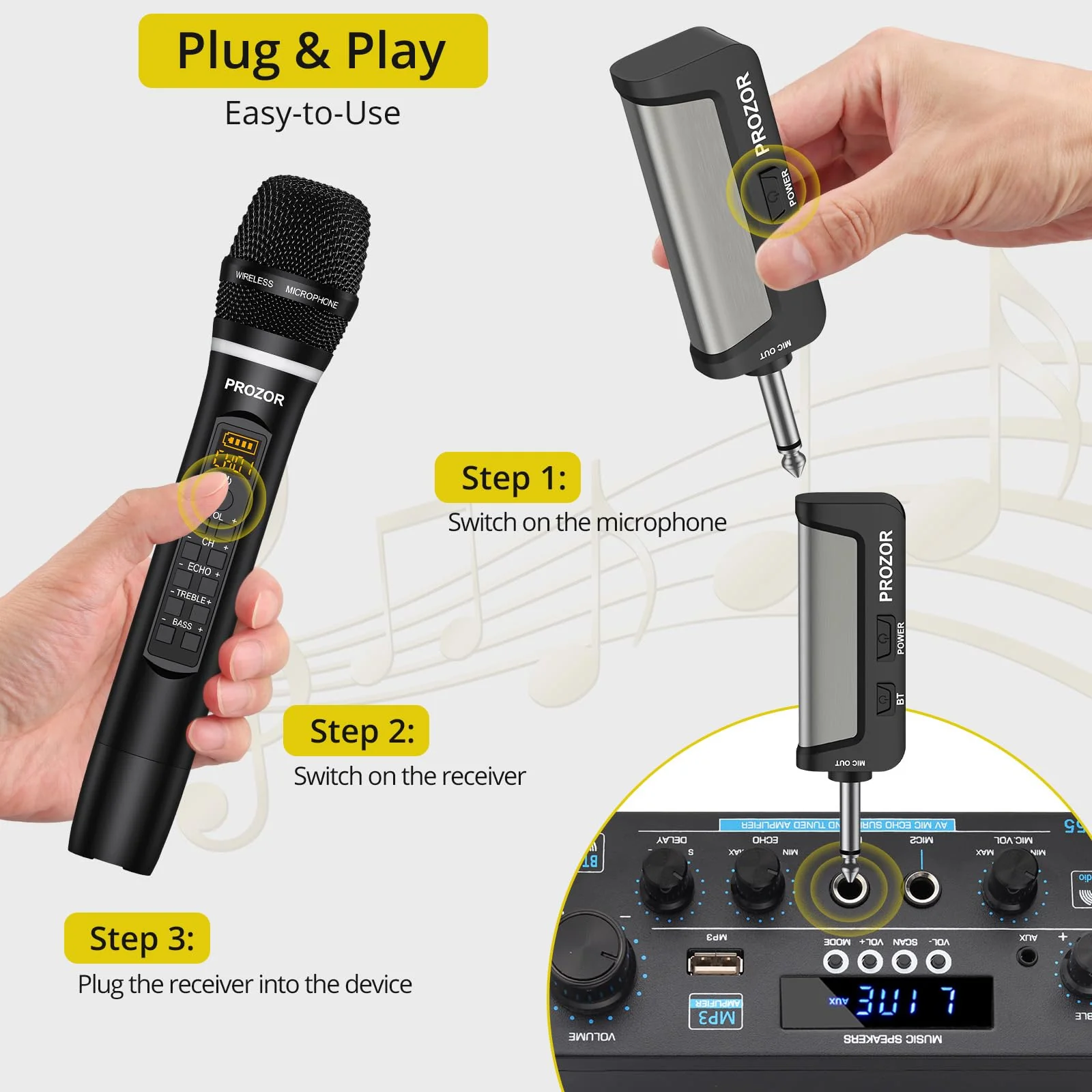 PROZOR UHF Wireless Microphone with Volume Treble Bass Echo Control, Wireless Rechargeable Mic Dual Handheld Dynamic Mic System with Rechargeable Receiver, for Karaoke Machines, DJ, Church, Weddings Rechargeable Portable Bluetooth UHF Mic – Echo Control - Image 3