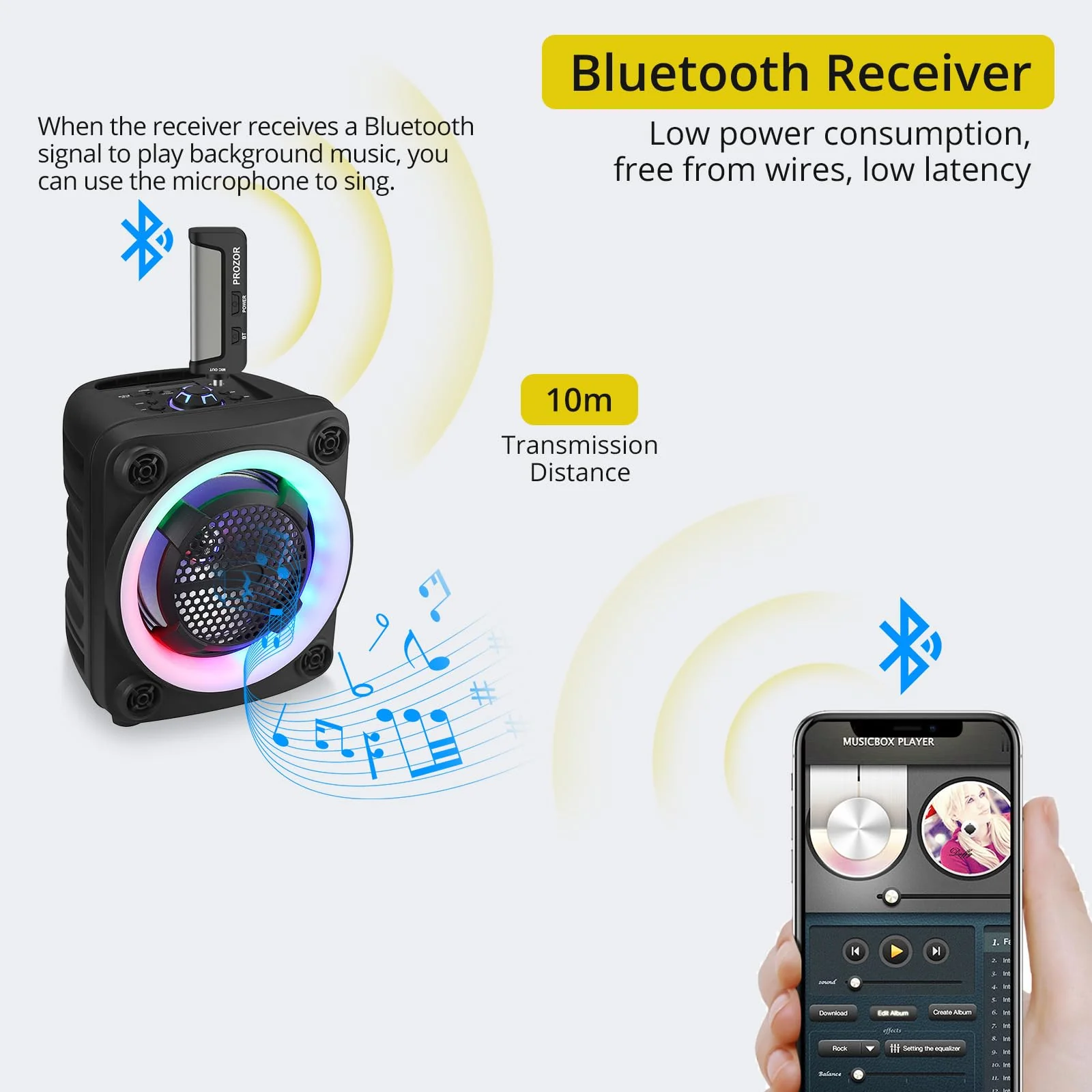 PROZOR UHF Wireless Microphone with Volume Treble Bass Echo Control, Wireless Rechargeable Mic Dual Handheld Dynamic Mic System with Rechargeable Receiver, for Karaoke Machines, DJ, Church, Weddings Rechargeable Portable Bluetooth UHF Mic – Echo Control - Image 6