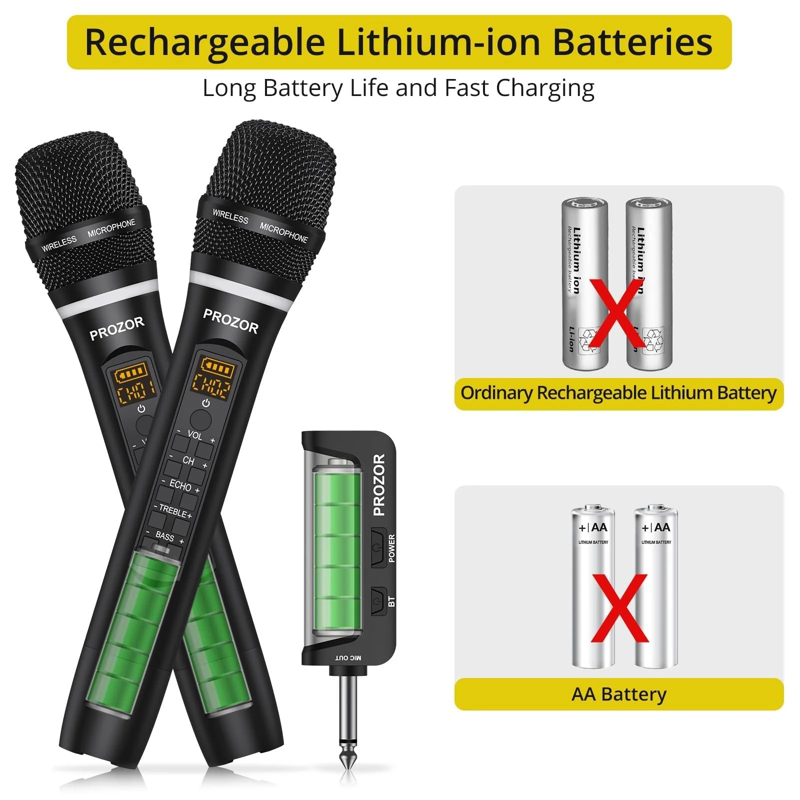 PROZOR UHF Wireless Microphone with Volume Treble Bass Echo Control, Wireless Rechargeable Mic Dual Handheld Dynamic Mic System with Rechargeable Receiver, for Karaoke Machines, DJ, Church, Weddings Rechargeable Portable Bluetooth UHF Mic – Echo Control - Image 7