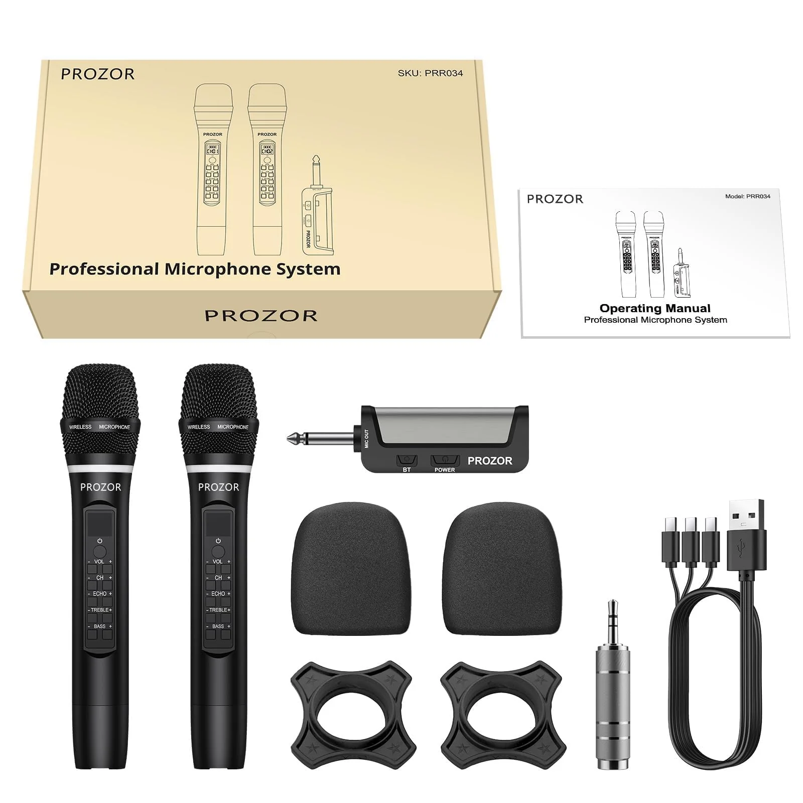 PROZOR UHF Wireless Microphone with Volume Treble Bass Echo Control, Wireless Rechargeable Mic Dual Handheld Dynamic Mic System with Rechargeable Receiver, for Karaoke Machines, DJ, Church, Weddings Rechargeable Portable Bluetooth UHF Mic – Echo Control - Image 8