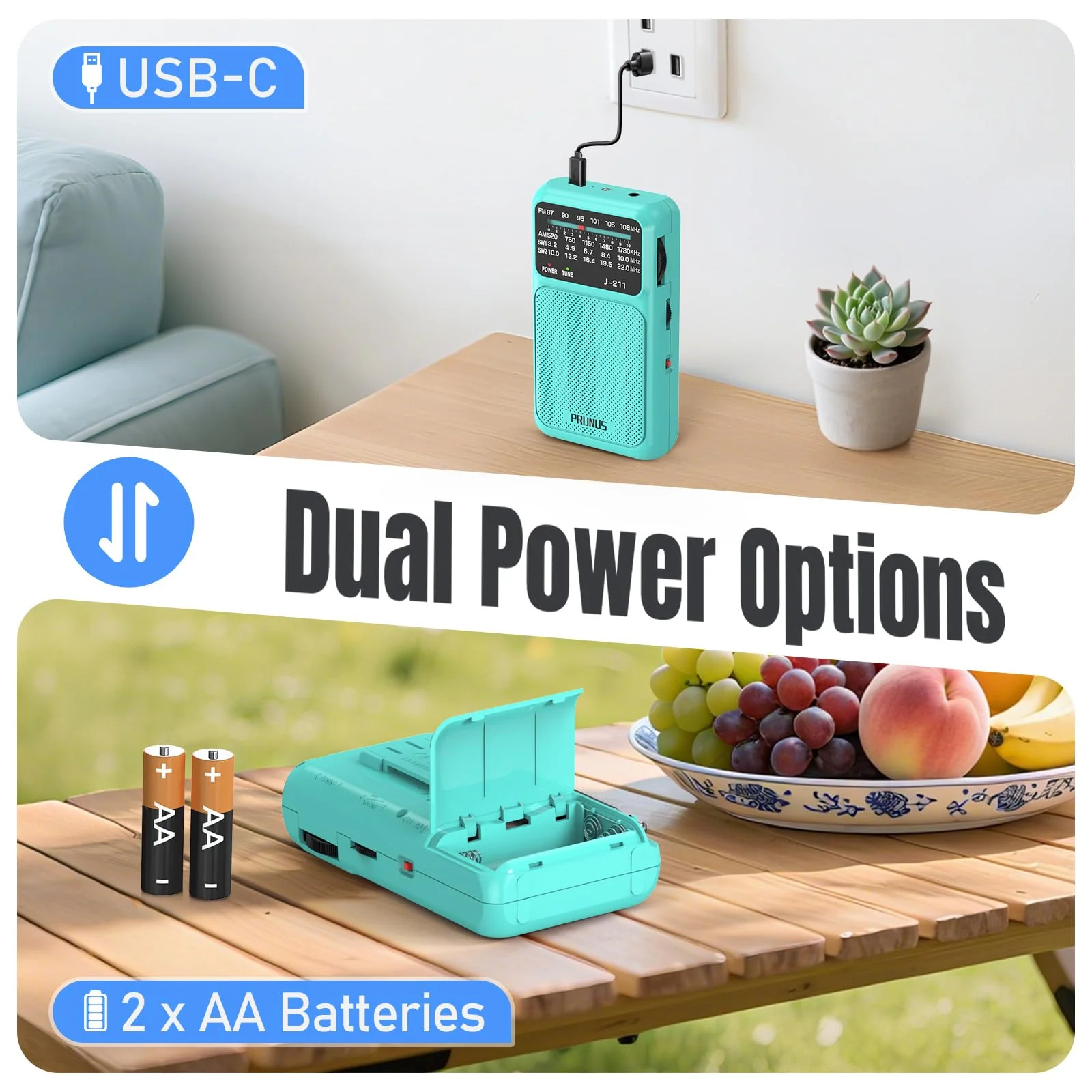 PRUNUS J-211 Portable Radio AM FM with USB Charging and AA Battery Operated, Transistor Radio, Strong Reception& Clear Speaker, Headphone Jack, Back Clip, Lanyard, Small radios Portable AM FM Blue - Image 2