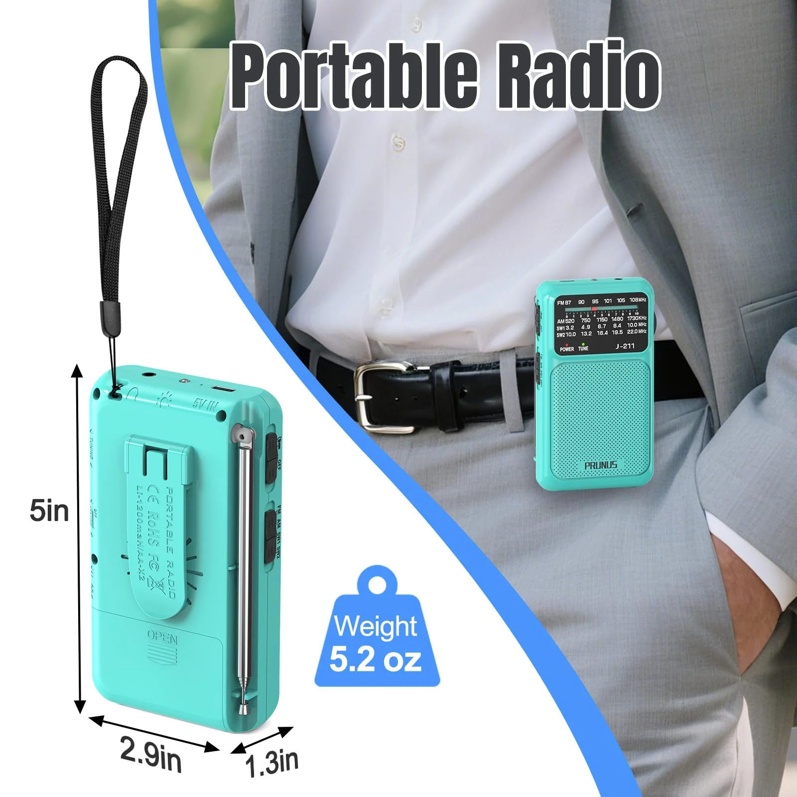 PRUNUS J-211 Portable Radio AM FM with USB Charging and AA Battery Operated, Transistor Radio, Strong Reception& Clear Speaker, Headphone Jack, Back Clip, Lanyard, Small radios Portable AM FM Blue - Image 3