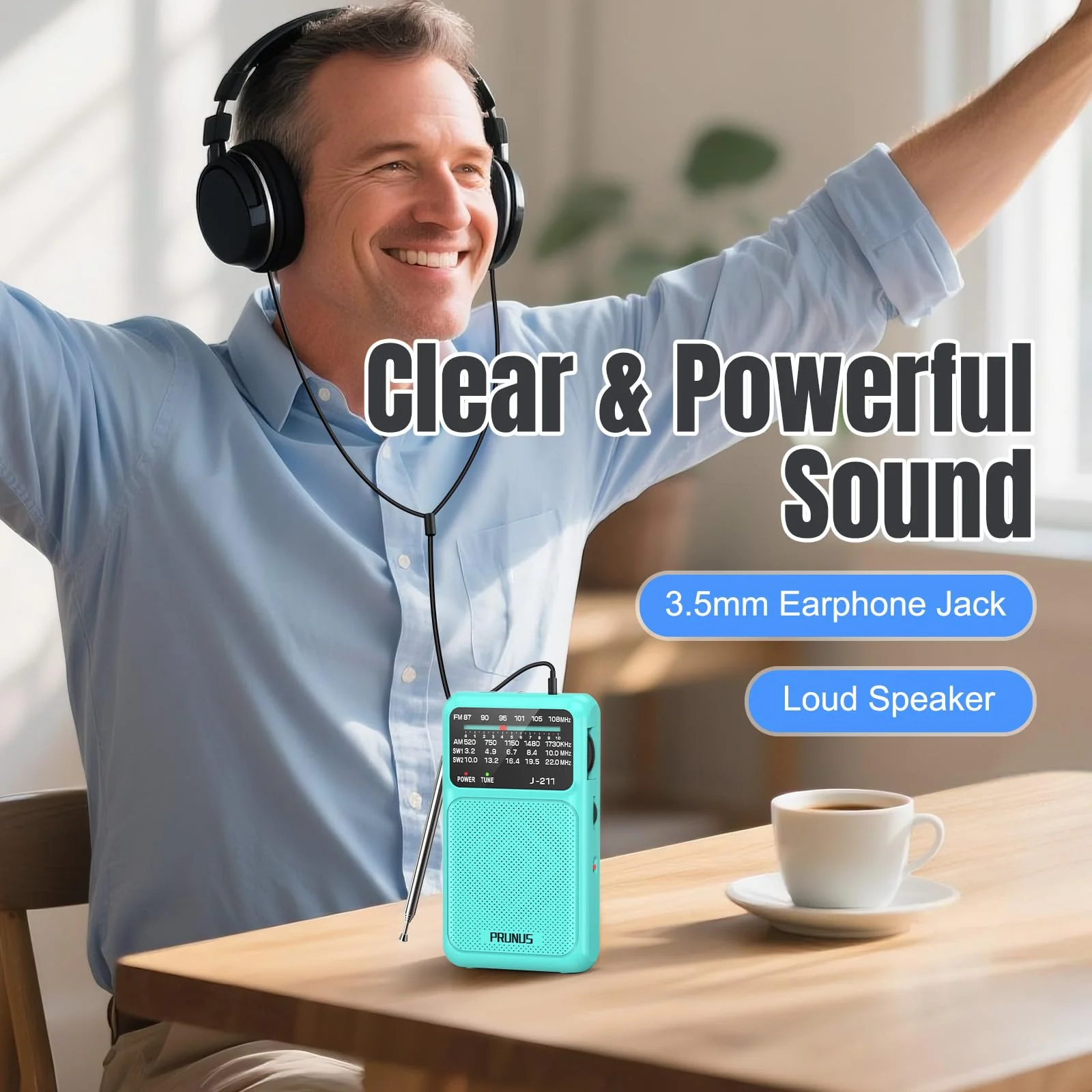PRUNUS J-211 Portable Radio AM FM with USB Charging and AA Battery Operated, Transistor Radio, Strong Reception& Clear Speaker, Headphone Jack, Back Clip, Lanyard, Small radios Portable AM FM Blue - Image 4