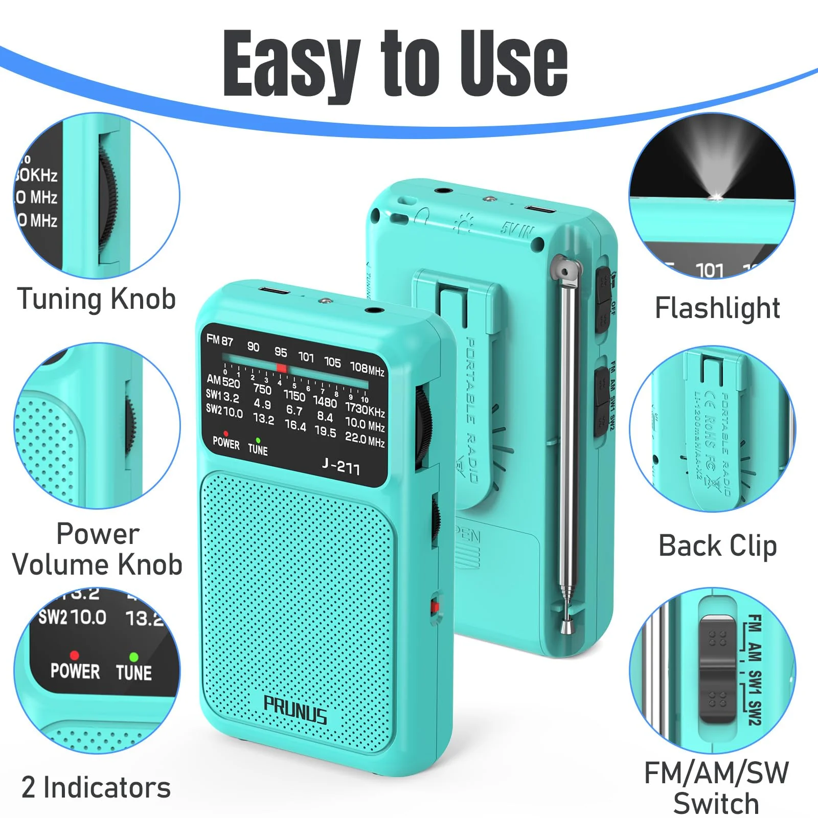 PRUNUS J-211 Portable Radio AM FM with USB Charging and AA Battery Operated, Transistor Radio, Strong Reception& Clear Speaker, Headphone Jack, Back Clip, Lanyard, Small radios Portable AM FM Blue - Image 5