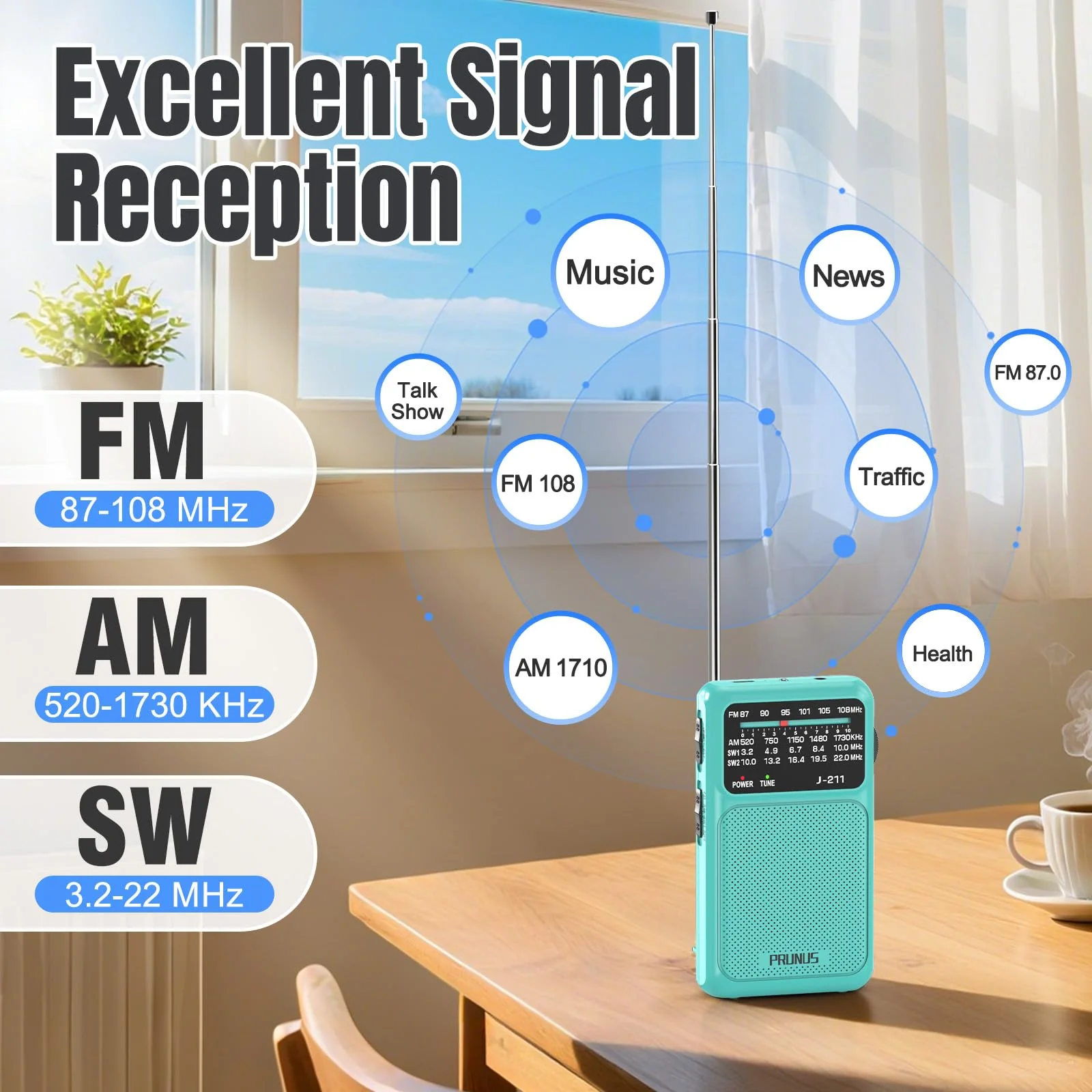 PRUNUS J-211 Portable Radio AM FM with USB Charging and AA Battery Operated, Transistor Radio, Strong Reception& Clear Speaker, Headphone Jack, Back Clip, Lanyard, Small radios Portable AM FM Blue - Image 6
