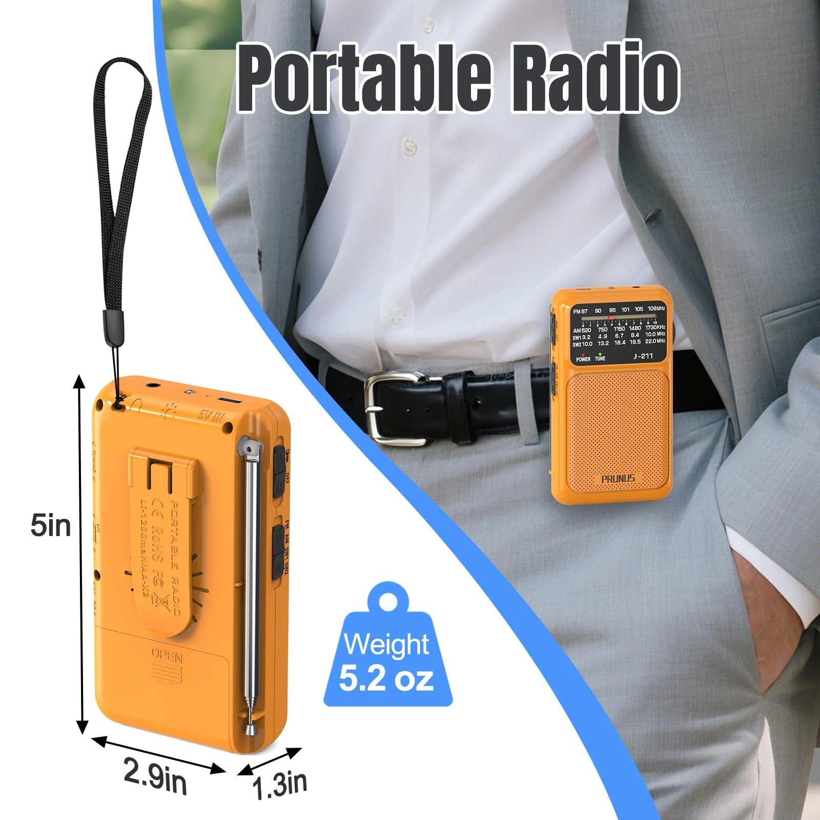 PRUNUS J-211 Portable Radio AM FM with USB Charging and AA Battery Operated, Transistor Radio, Strong Reception& Clear Speaker, Headphone Jack, Back Clip, Lanyard, Small radios Portable AM FM Orange - Image 3