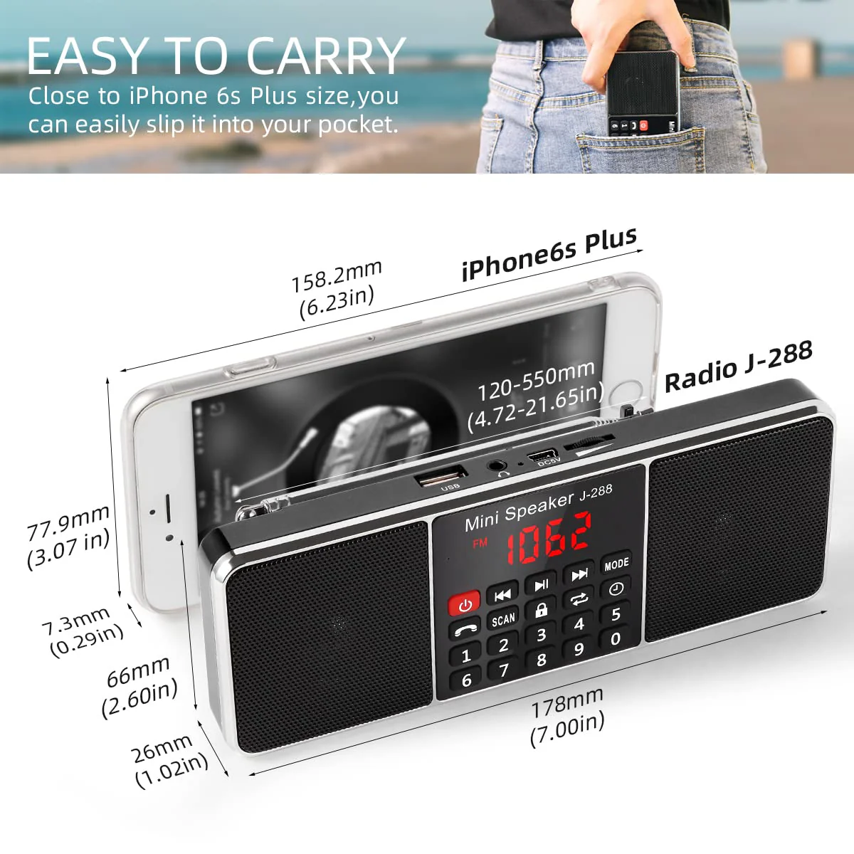 PRUNUS J-288 Portable Radio AM FM Radio with Bluetooth Speaker, Sleep Timer, Power-Saving Display, Ultra-Long Antenna, AUX Input & USB Disk & TF Card MP3 Player, NO Manual Preset Black - Image 2