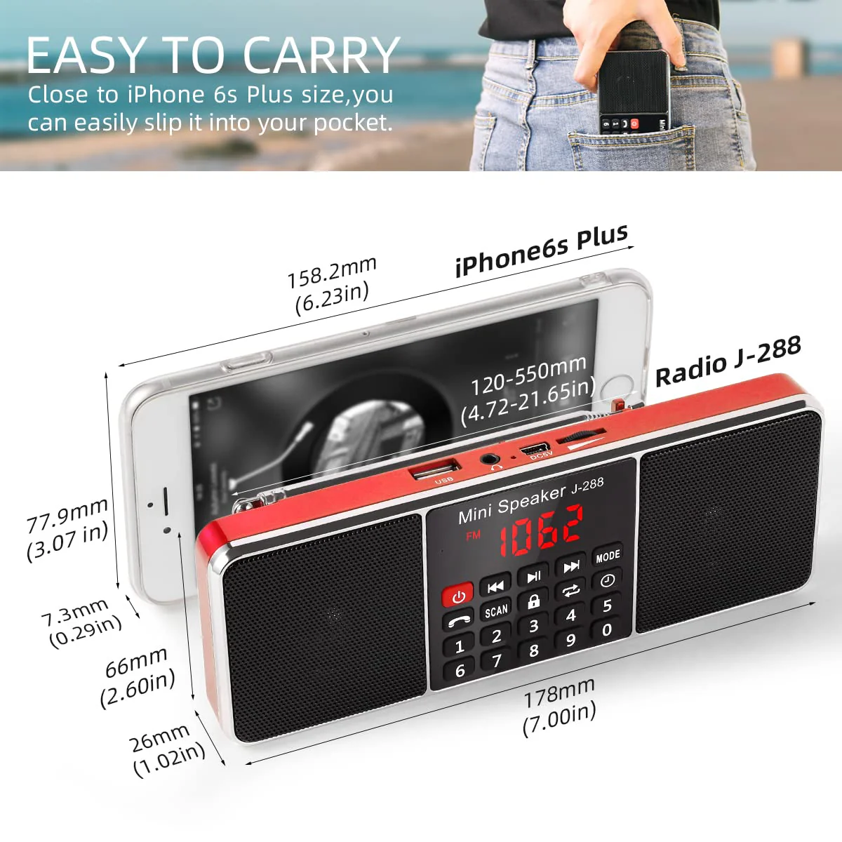PRUNUS J-288 Portable Radio AM FM Radio with Bluetooth Speaker, Sleep Timer, Power-Saving Display, Ultra-Long Antenna, AUX Input & USB Disk & TF Card MP3 Player, NO Manual Preset Red - Image 2