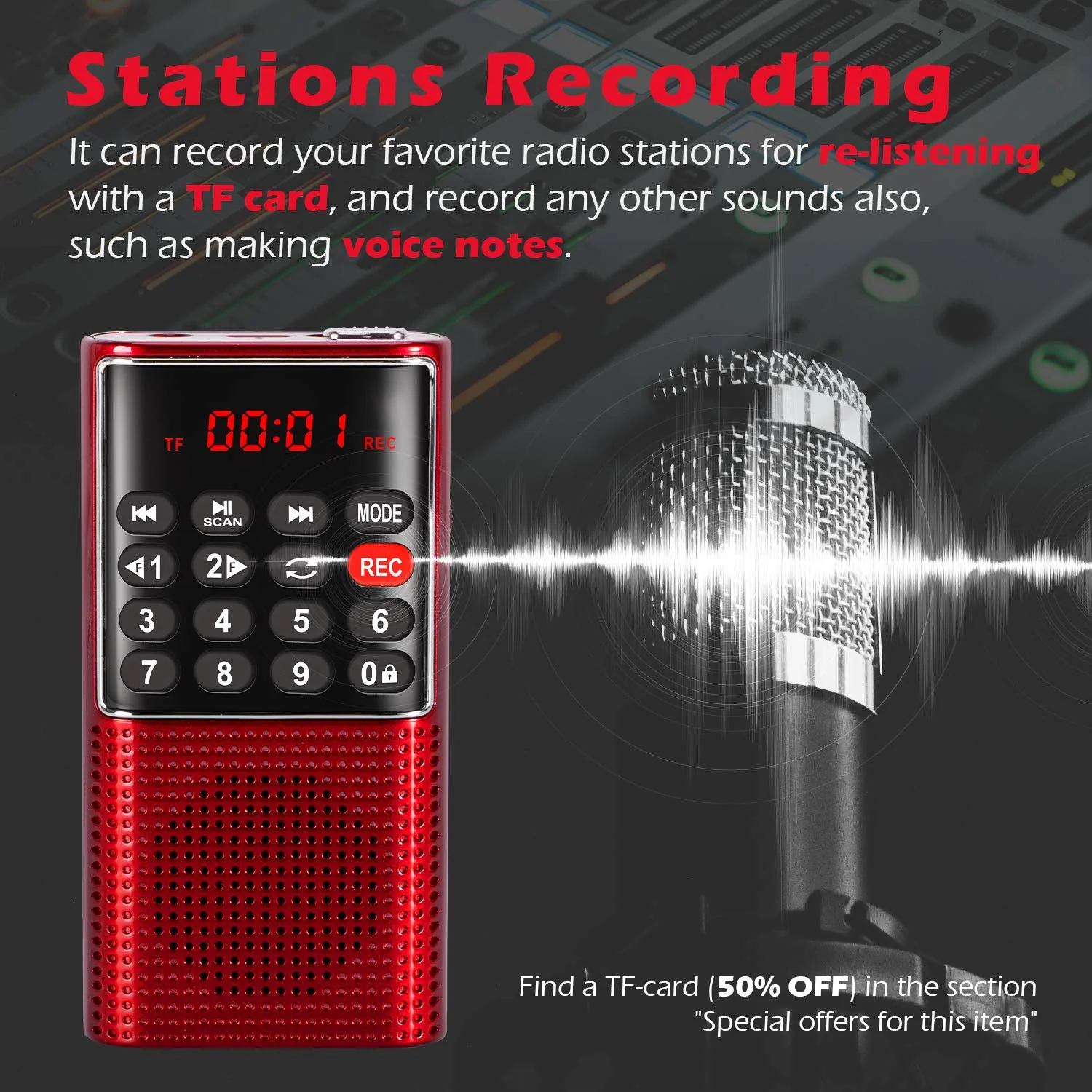 PRUNUS J-328 Mini Portable Pocket FM Radio MP3 Walkman Radio with Recorder, Gifts for Mom, Lock Key, SD Card Player, Rechargeable Battery Operated(NO AM) Red - Image 2