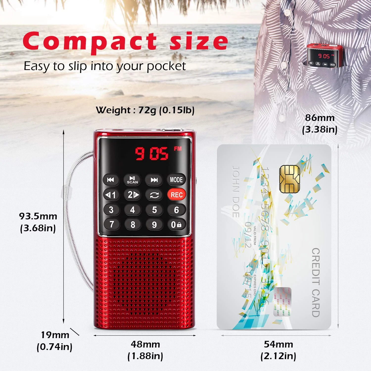 PRUNUS J-328 Mini Portable Pocket FM Radio MP3 Walkman Radio with Recorder, Gifts for Mom, Lock Key, SD Card Player, Rechargeable Battery Operated(NO AM) Red - Image 3