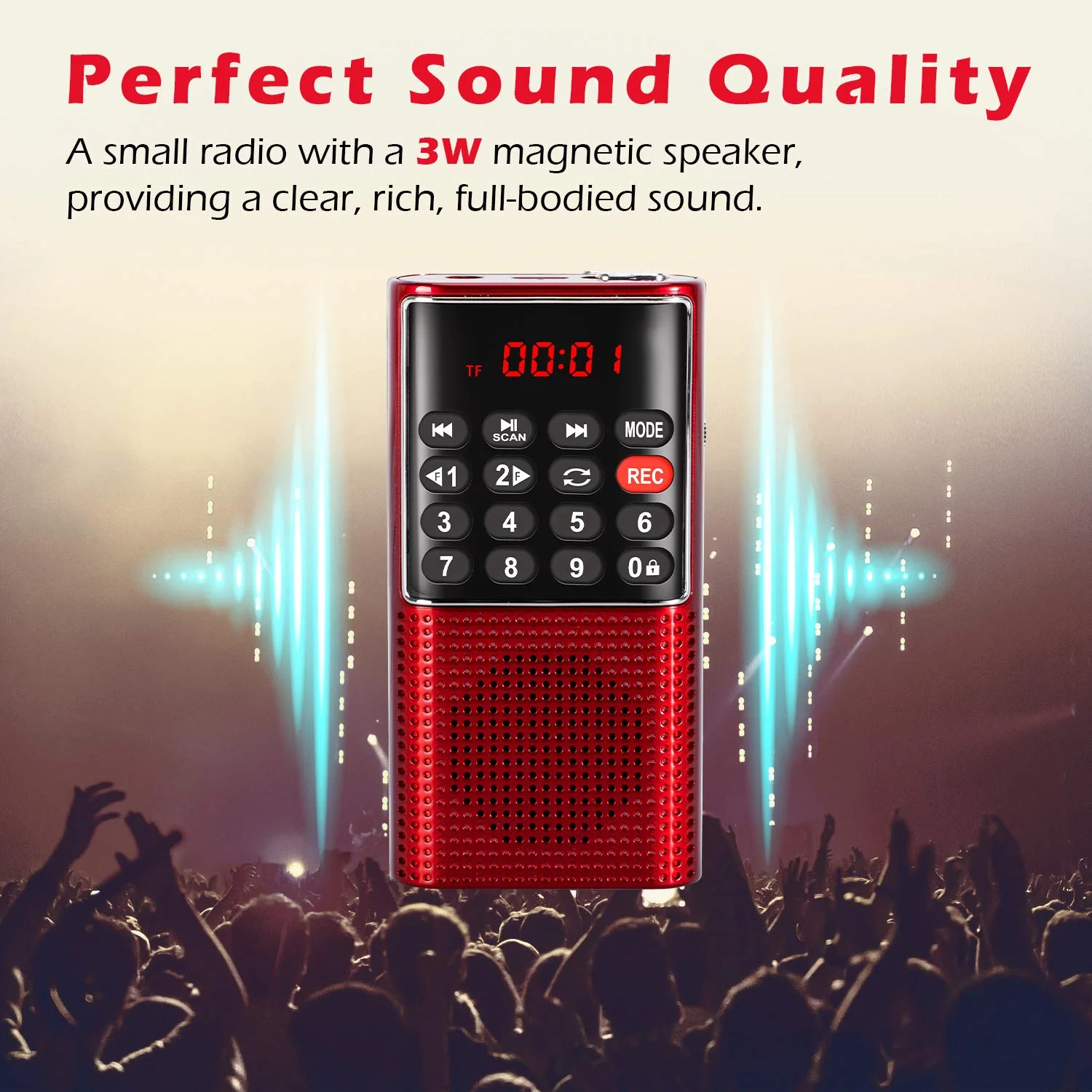 PRUNUS J-328 Mini Portable Pocket FM Radio MP3 Walkman Radio with Recorder, Gifts for Mom, Lock Key, SD Card Player, Rechargeable Battery Operated(NO AM) Red - Image 4