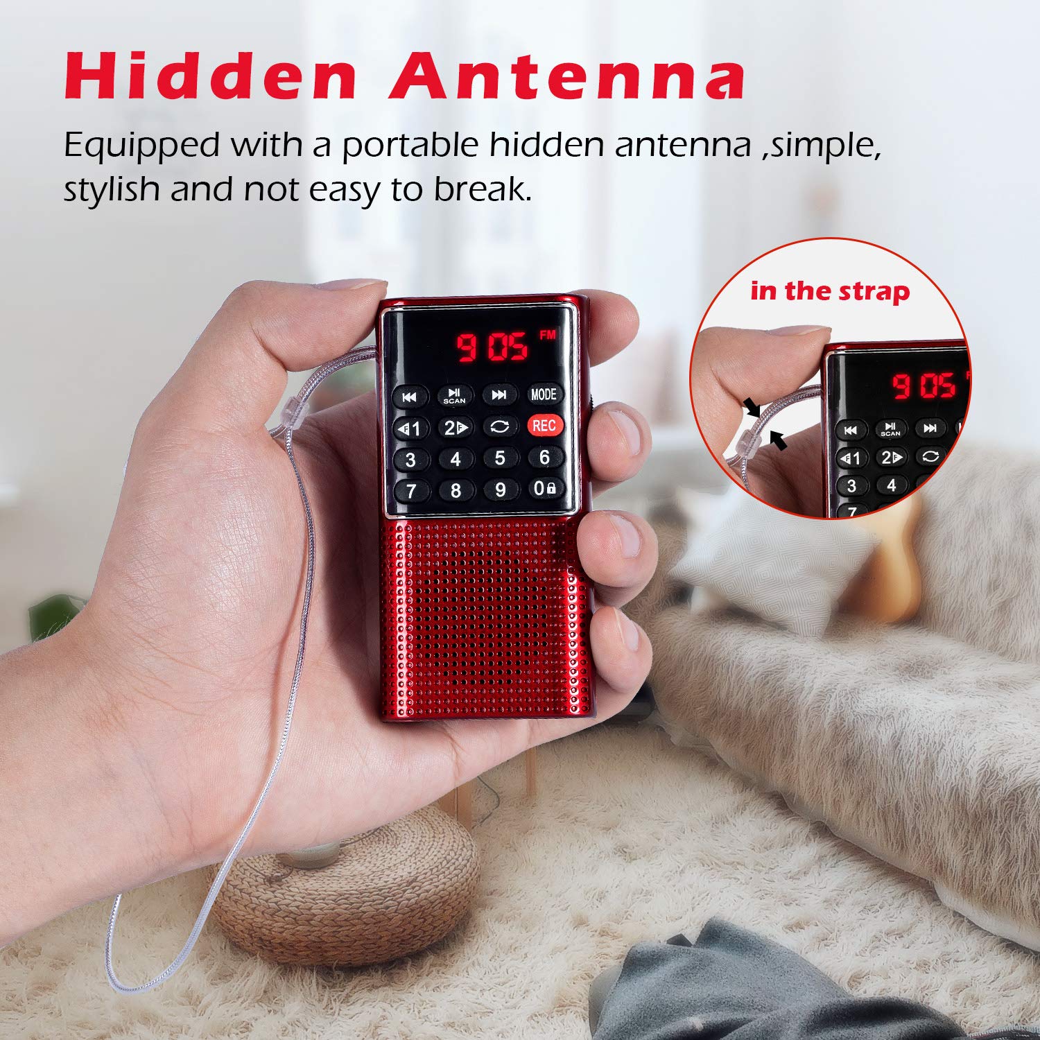 PRUNUS J-328 Mini Portable Pocket FM Radio MP3 Walkman Radio with Recorder, Gifts for Mom, Lock Key, SD Card Player, Rechargeable Battery Operated(NO AM) Red - Image 6