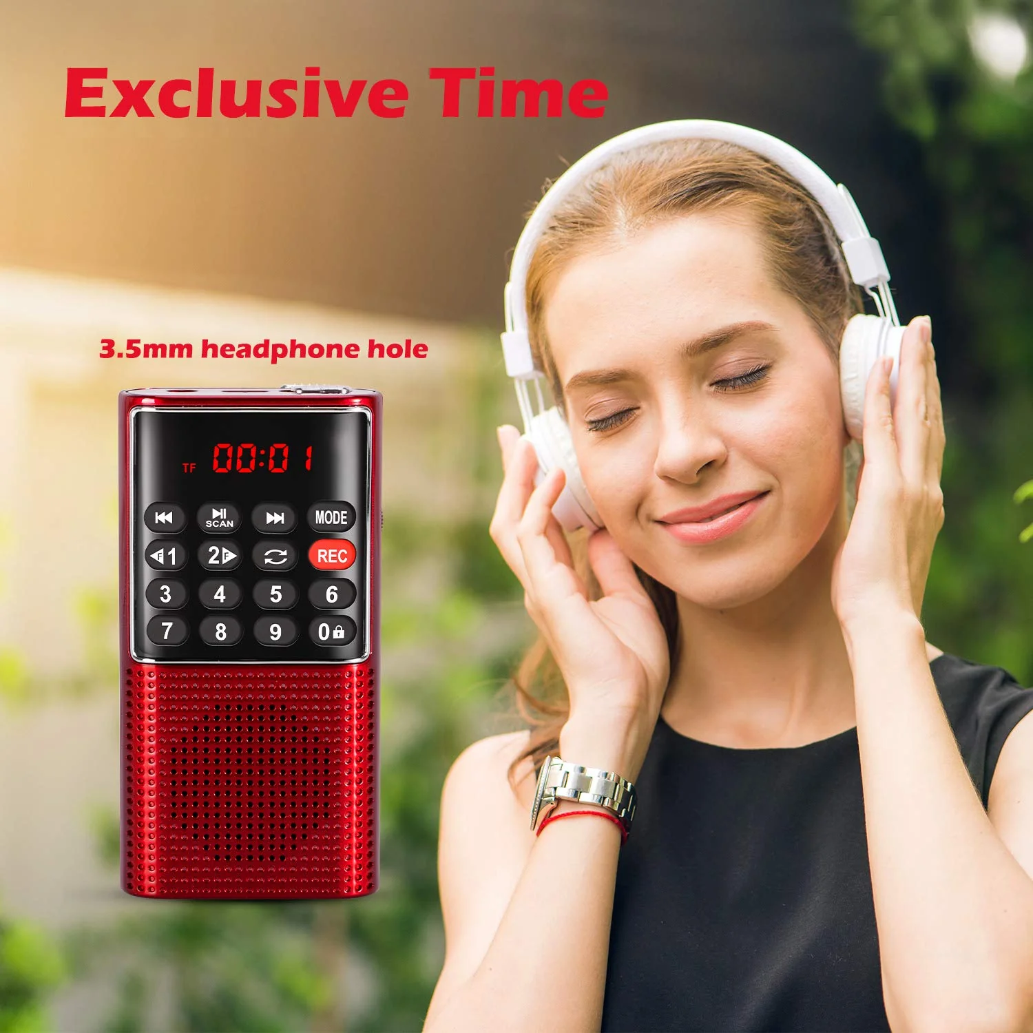 PRUNUS J-328 Mini Portable Pocket FM Radio MP3 Walkman Radio with Recorder, Gifts for Mom, Lock Key, SD Card Player, Rechargeable Battery Operated(NO AM) Red - Image 7