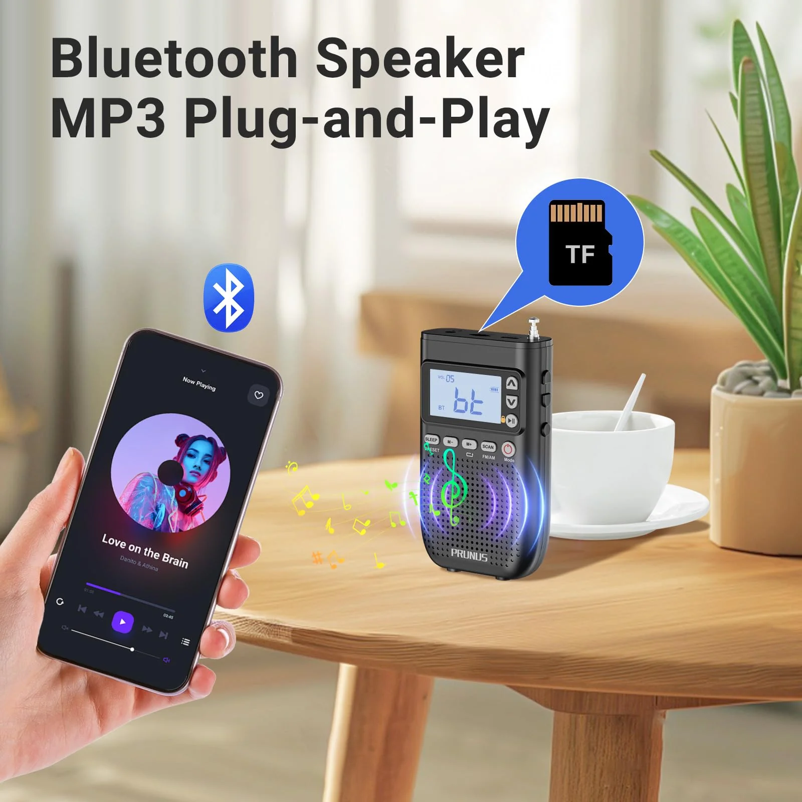 PRUNUS J-618 Portable Radio AM FM to Bluetooth Earphone, as Bluetooth Speaker, 2000mah Rechargeable Radio, Preset, TF Card Shuffle Play, Headphone Jack, Sleep Timer, Walkman Radios, Digital Radios - Image 3