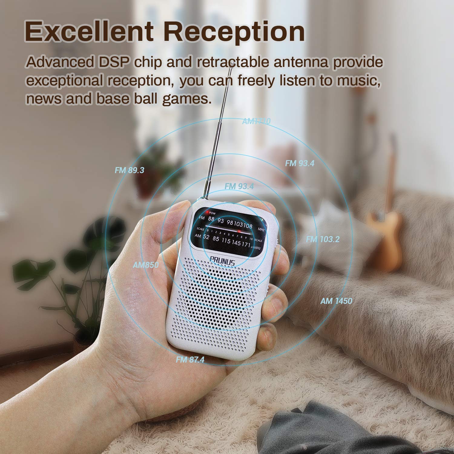 PRUNUS J-777 Pocket Radios Portable AM FM Small Personal Radio with Best Reception, AAA Battery Operated Transistor Radio with Headphone & Speaker for Walk/Jogging/Camping White - Image 3