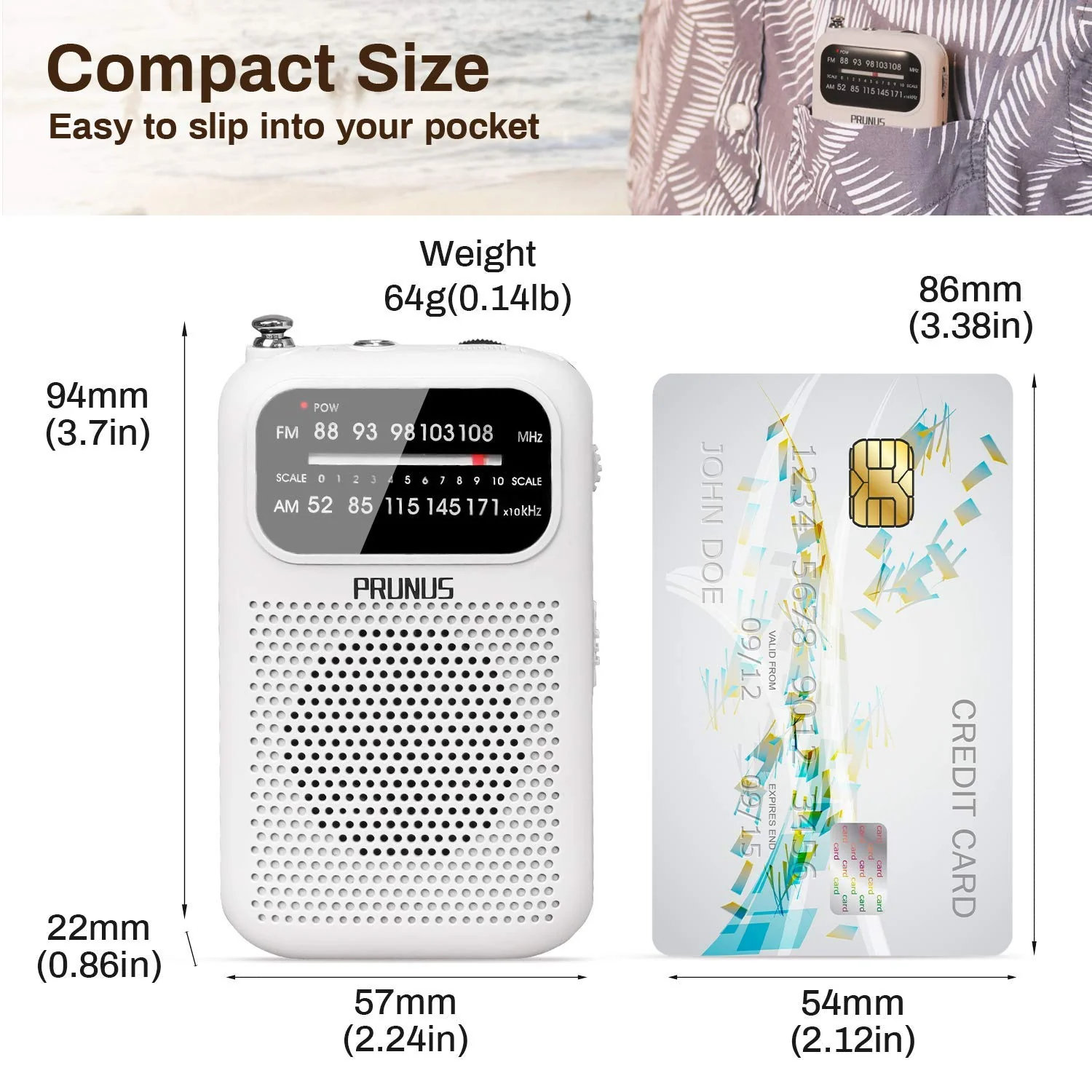 PRUNUS J-777 Pocket Radios Portable AM FM Small Personal Radio with Best Reception, AAA Battery Operated Transistor Radio with Headphone & Speaker for Walk/Jogging/Camping White - Image 4