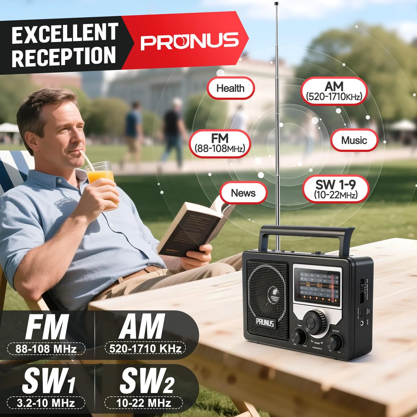 PRUNUS J-81 AM FM Radio Portable Bluetooth, Solar/D Battery Operated/USB-C Rechargeable for Emergency, Transistor Radios with Headphone Jack,Support TF Card/USB Playing, Large Knob Easy to Use - Image 2