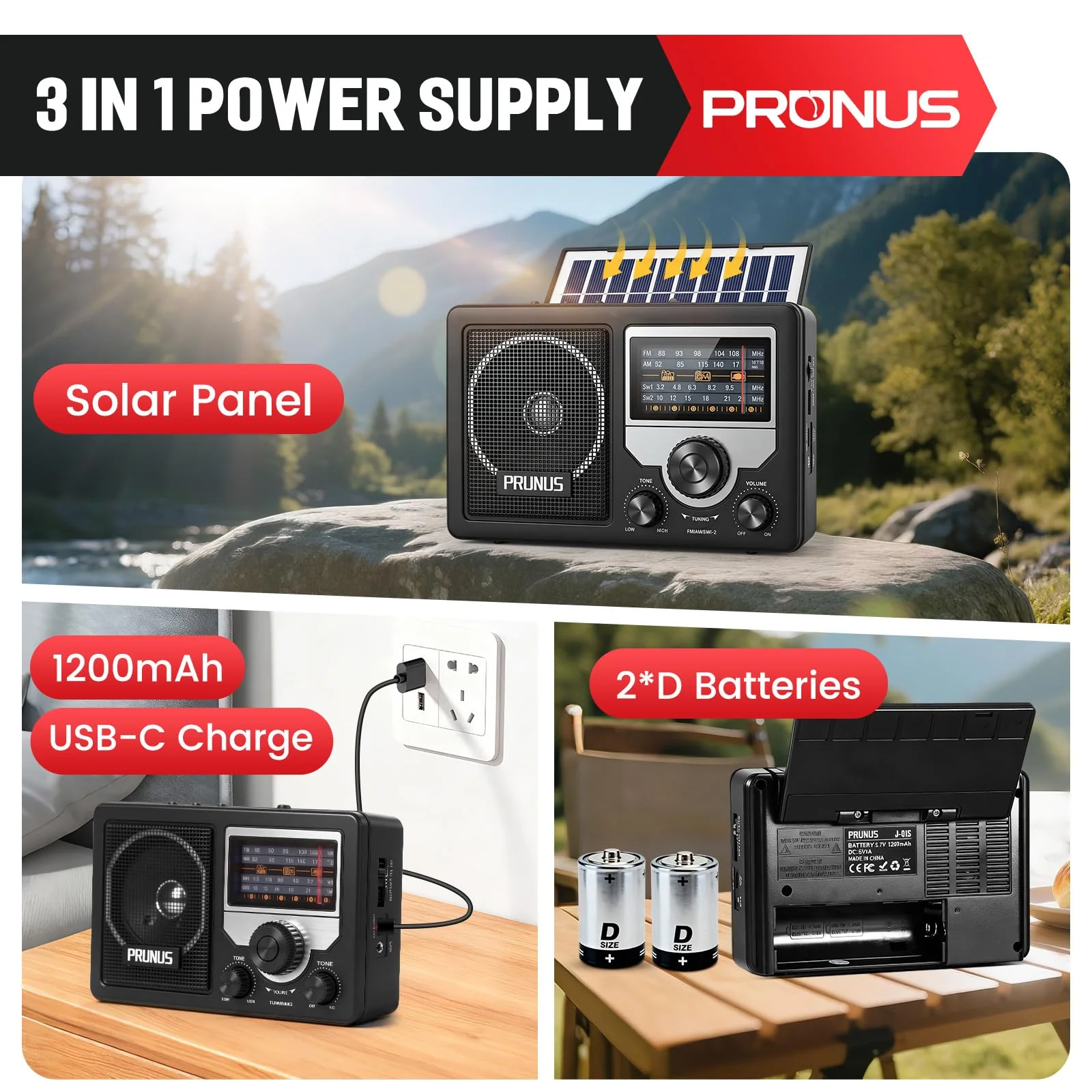 PRUNUS J-81 AM FM Radio Portable Bluetooth, Solar/D Battery Operated/USB-C Rechargeable for Emergency, Transistor Radios with Headphone Jack,Support TF Card/USB Playing, Large Knob Easy to Use - Image 3