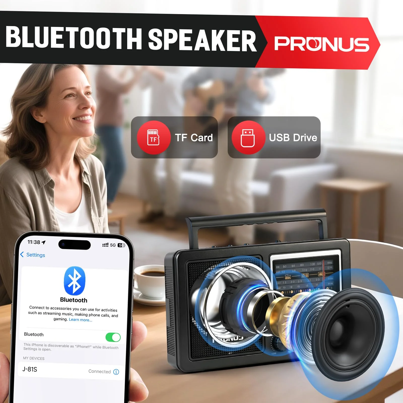 PRUNUS J-81 AM FM Radio Portable Bluetooth, Solar/D Battery Operated/USB-C Rechargeable for Emergency, Transistor Radios with Headphone Jack,Support TF Card/USB Playing, Large Knob Easy to Use - Image 4
