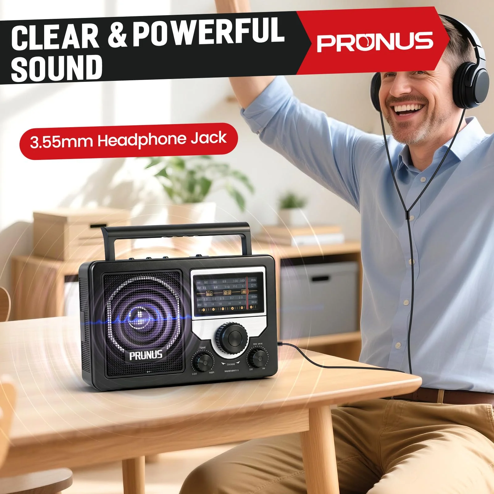 PRUNUS J-81 AM FM Radio Portable Bluetooth, Solar/D Battery Operated/USB-C Rechargeable for Emergency, Transistor Radios with Headphone Jack,Support TF Card/USB Playing, Large Knob Easy to Use - Image 5