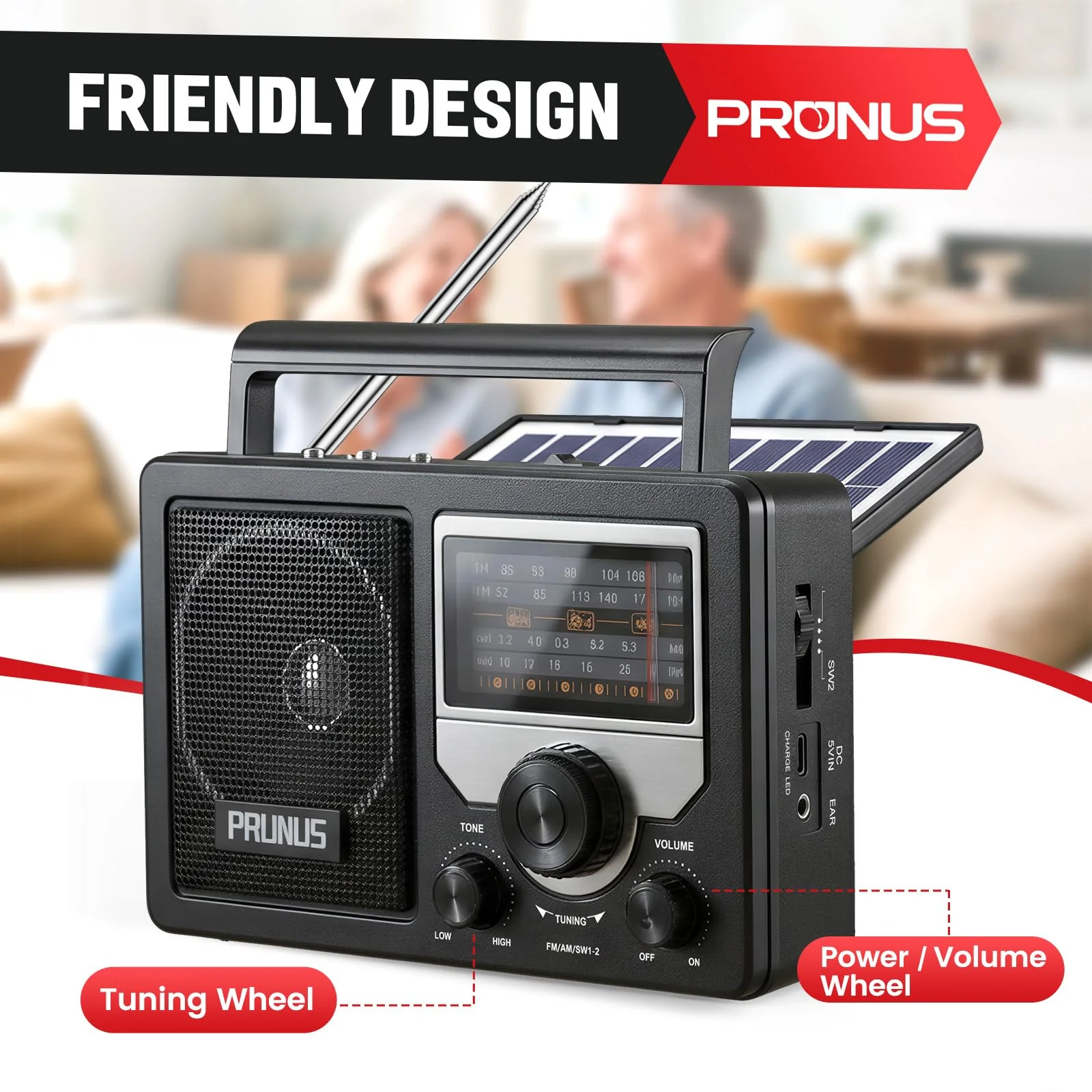 PRUNUS J-81 AM FM Radio Portable Bluetooth, Solar/D Battery Operated/USB-C Rechargeable for Emergency, Transistor Radios with Headphone Jack,Support TF Card/USB Playing, Large Knob Easy to Use - Image 6