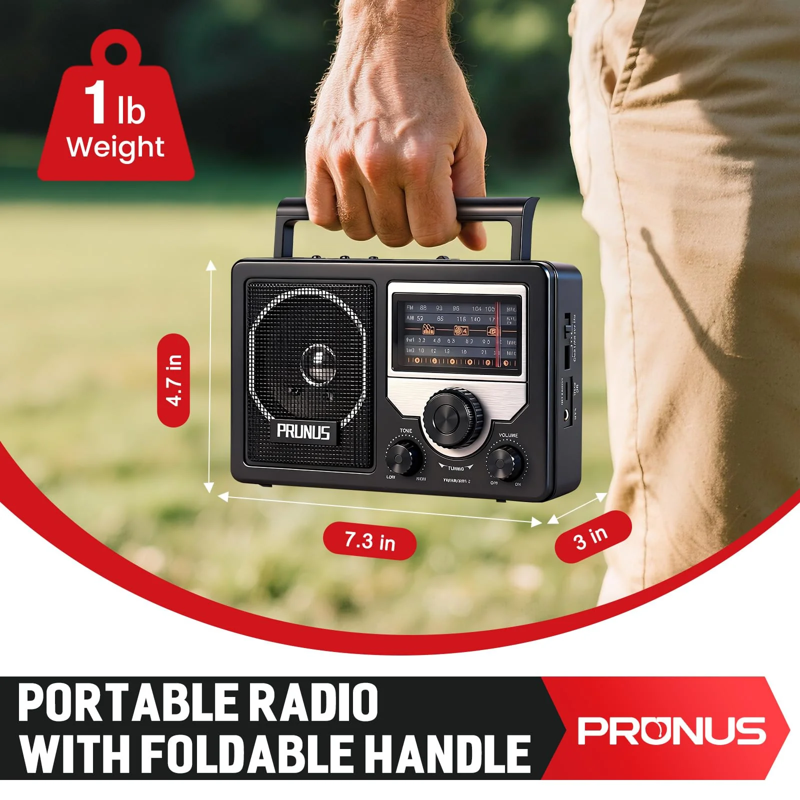 PRUNUS J-81 AM FM Radio Portable Bluetooth, Solar/D Battery Operated/USB-C Rechargeable for Emergency, Transistor Radios with Headphone Jack,Support TF Card/USB Playing, Large Knob Easy to Use - Image 7