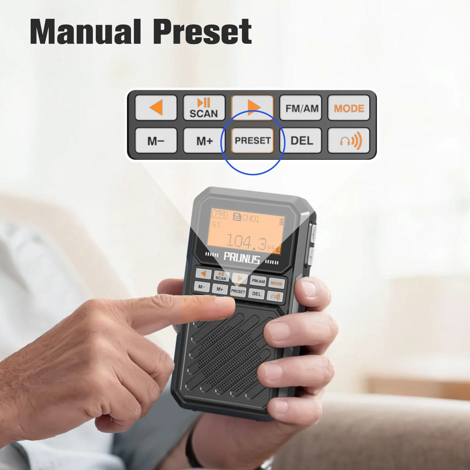 PRUNUS J525 Portable Radio AM FM with Bluetooth Earphone Output & Bluetooth Speaker Mode, Preset, 2500mAh Rechargeable, Micro SD Playback with Shuffle & Sequential Play, Headphone Jack, Sleep Timer - Image 3