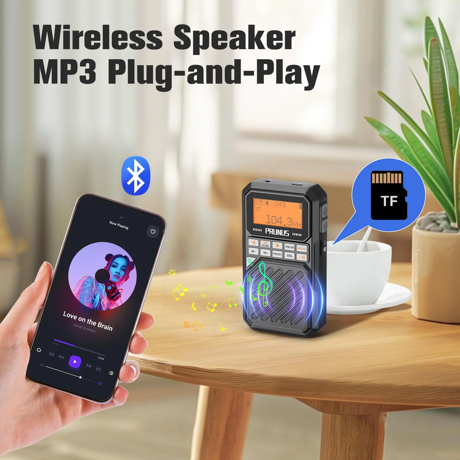 PRUNUS J525 Portable Radio AM FM with Bluetooth Earphone Output & Bluetooth Speaker Mode, Preset, 2500mAh Rechargeable, Micro SD Playback with Shuffle & Sequential Play, Headphone Jack, Sleep Timer - Image 4