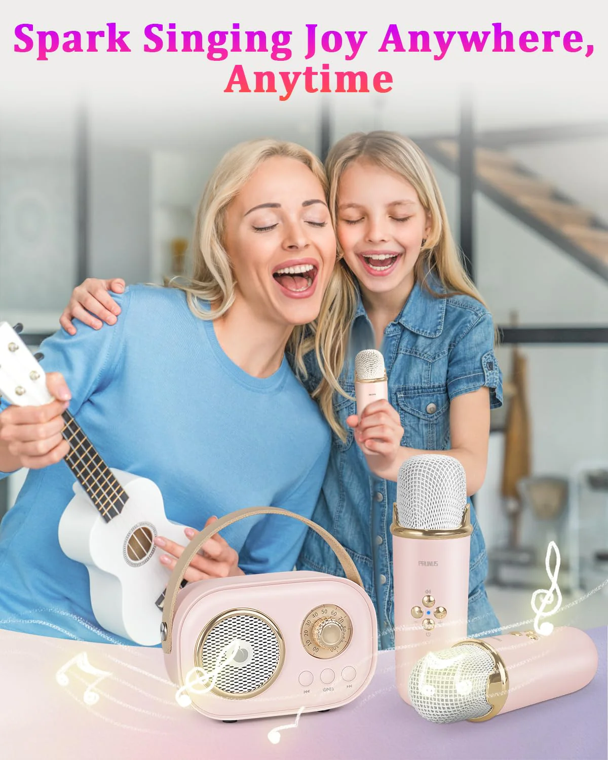 PRUNUS Mini Karaoke Machine for Kids&Adults,Portable Bluetooth Speaker with 2 Wireless Microphones and Stereo Sound Enhanced Bass,Toys for Girl 6 7 8 9 10 11 12 Years Old Home Party Birthday-Pink Pink-2 Mic - Image 2