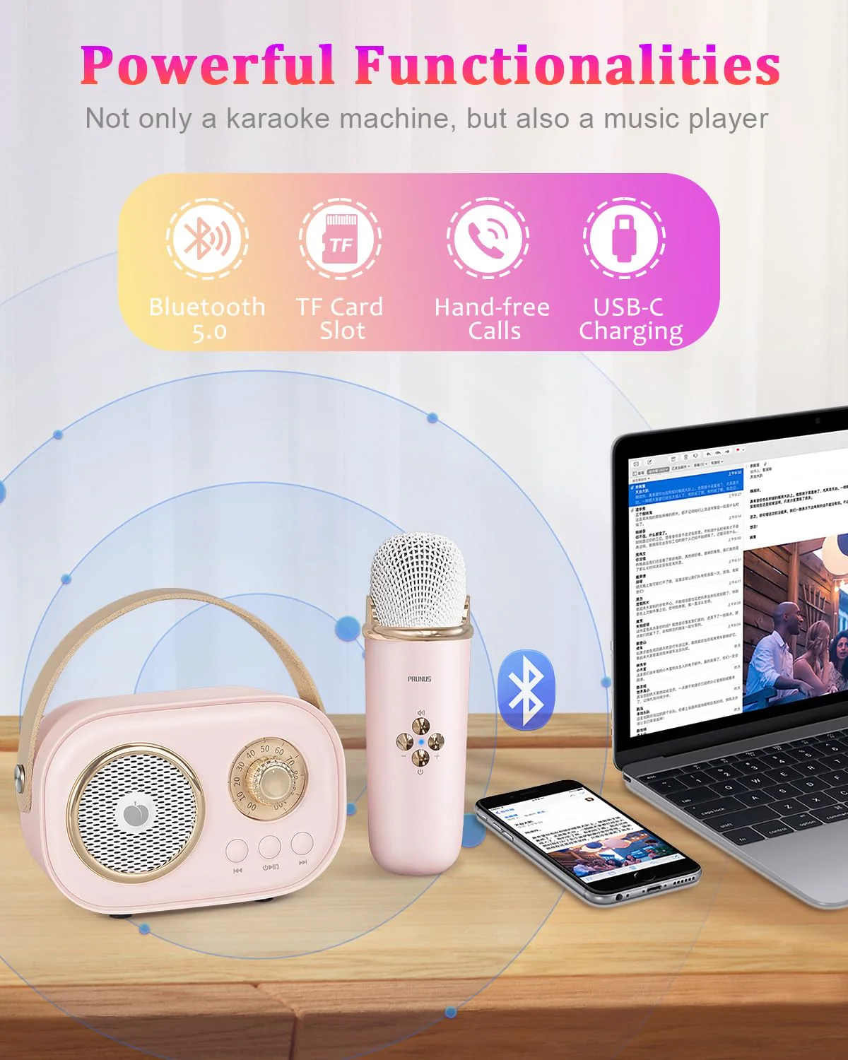 PRUNUS Mini Karaoke Machine for Kids&Adults,Portable Bluetooth Speaker with 2 Wireless Microphones and Stereo Sound Enhanced Bass,Toys for Girl 6 7 8 9 10 11 12 Years Old Home Party Birthday-Pink Pink-2 Mic - Image 3