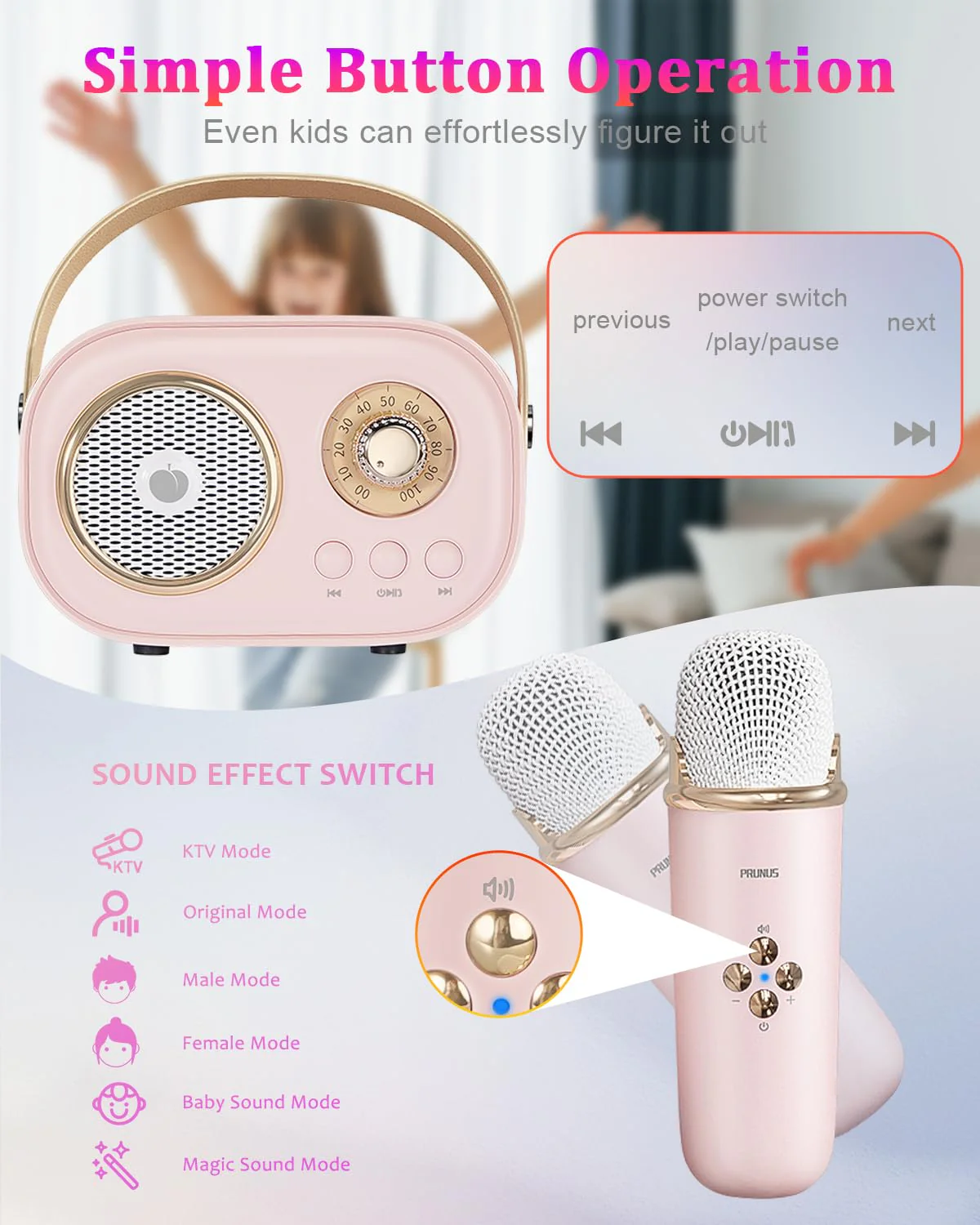 PRUNUS Mini Karaoke Machine for Kids&Adults,Portable Bluetooth Speaker with 2 Wireless Microphones and Stereo Sound Enhanced Bass,Toys for Girl 6 7 8 9 10 11 12 Years Old Home Party Birthday-Pink Pink-2 Mic - Image 4
