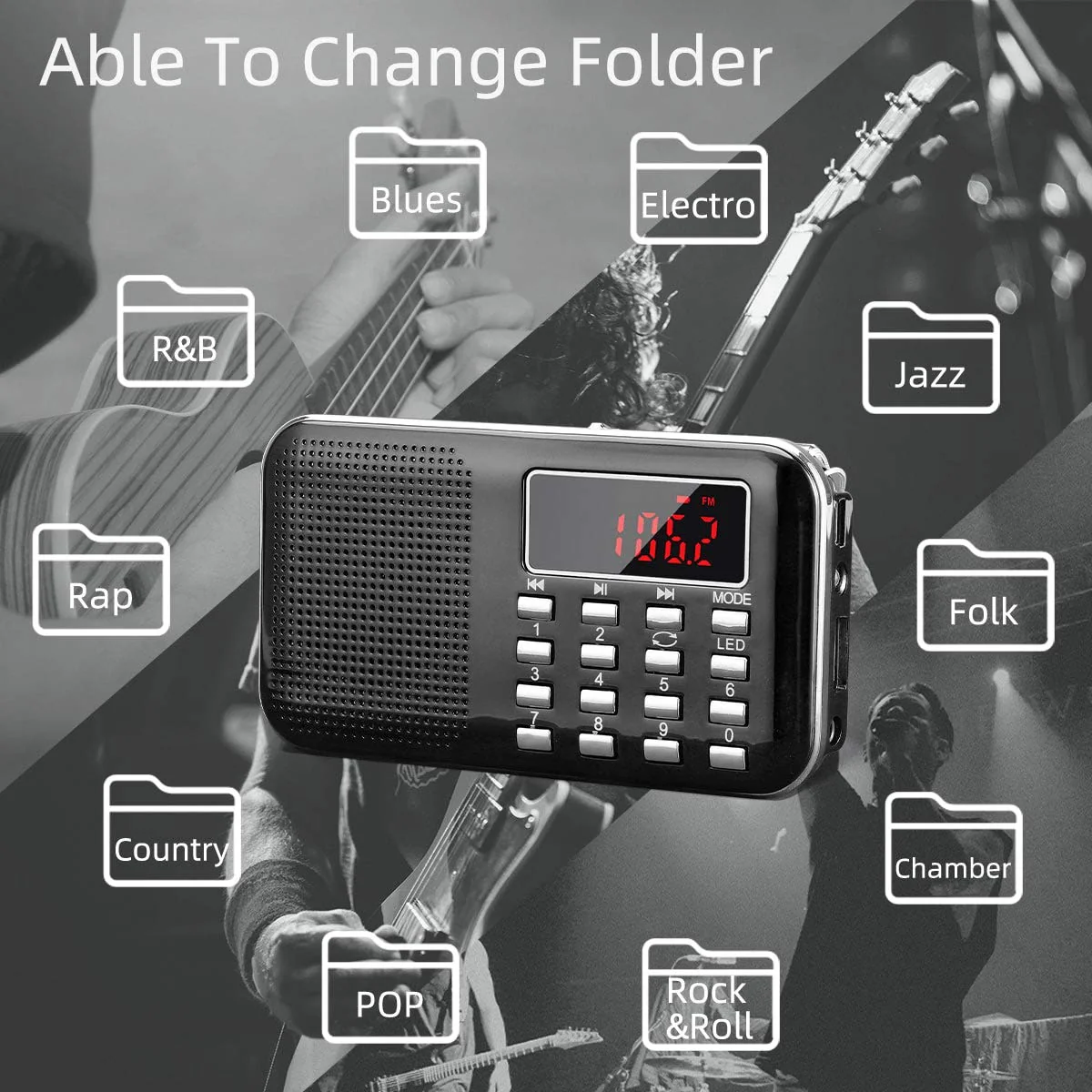PRUNUS Mini Portable Radio AM FM Pocket Radio with MP3, LED Flashlight, Digital Radios Speaker Support Micro SD/TF Card/USB, Auto Scan Save, 1200mAh Rechargeable Battery Operated[Latest Version] Black - Image 7