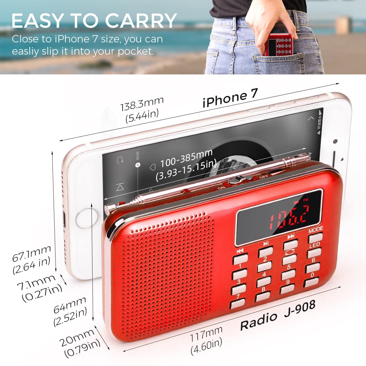 PRUNUS Mini Portable Radio AM FM Pocket Radio with MP3, LED Flashlight, Digital Radios Speaker Support Micro SD/TF Card/USB, Auto Scan Save, 1200mAh Rechargeable Battery Operated[Latest Version] Red - Image 3